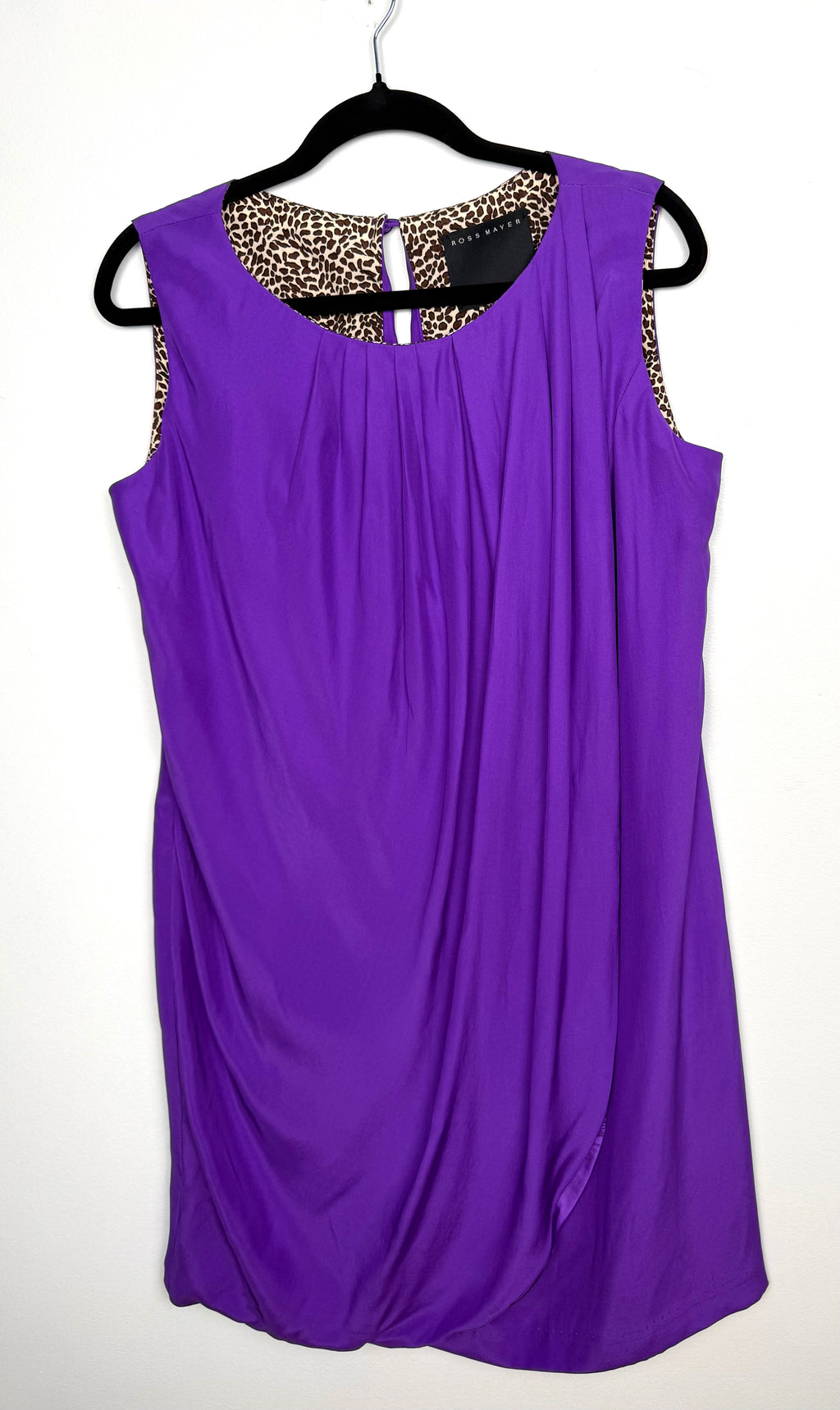 Ross Mayer sleeveless silk dress purple size 12 women’s draped front view
