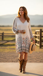 Roxy Boho Print Tunic Top | Dress | Size S at Blue Sparrow Shop on woman outside wearing cowboy boots