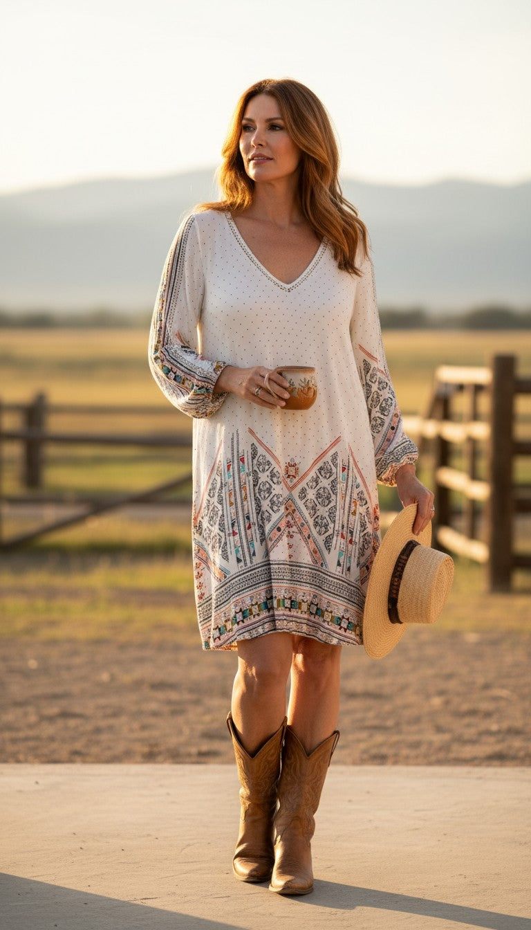 Roxy Boho Print Tunic Top | Dress | Size S at Blue Sparrow Shop on woman outside wearing cowboy boots
