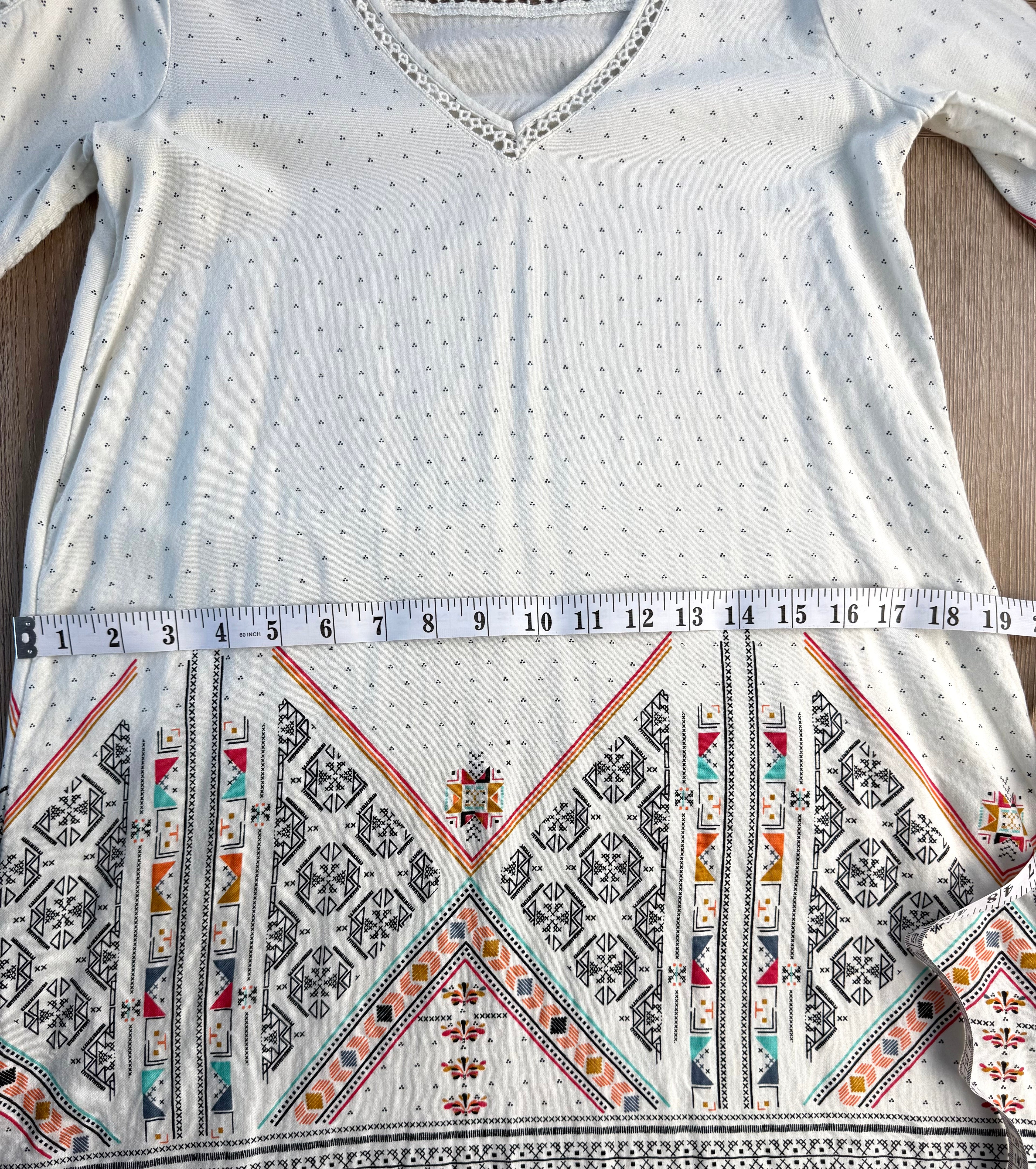 Roxy tunic dress showing measurement of 38" across hips 