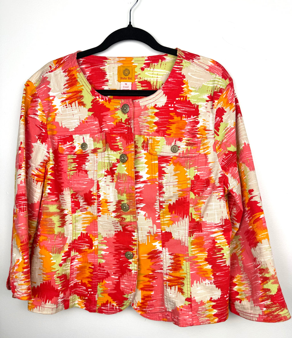 Ruby Red Multi Coloured denim style jacket  on hanger showing front