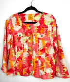 Ruby Red Multi Coloured denim style jacket  on hanger showing front