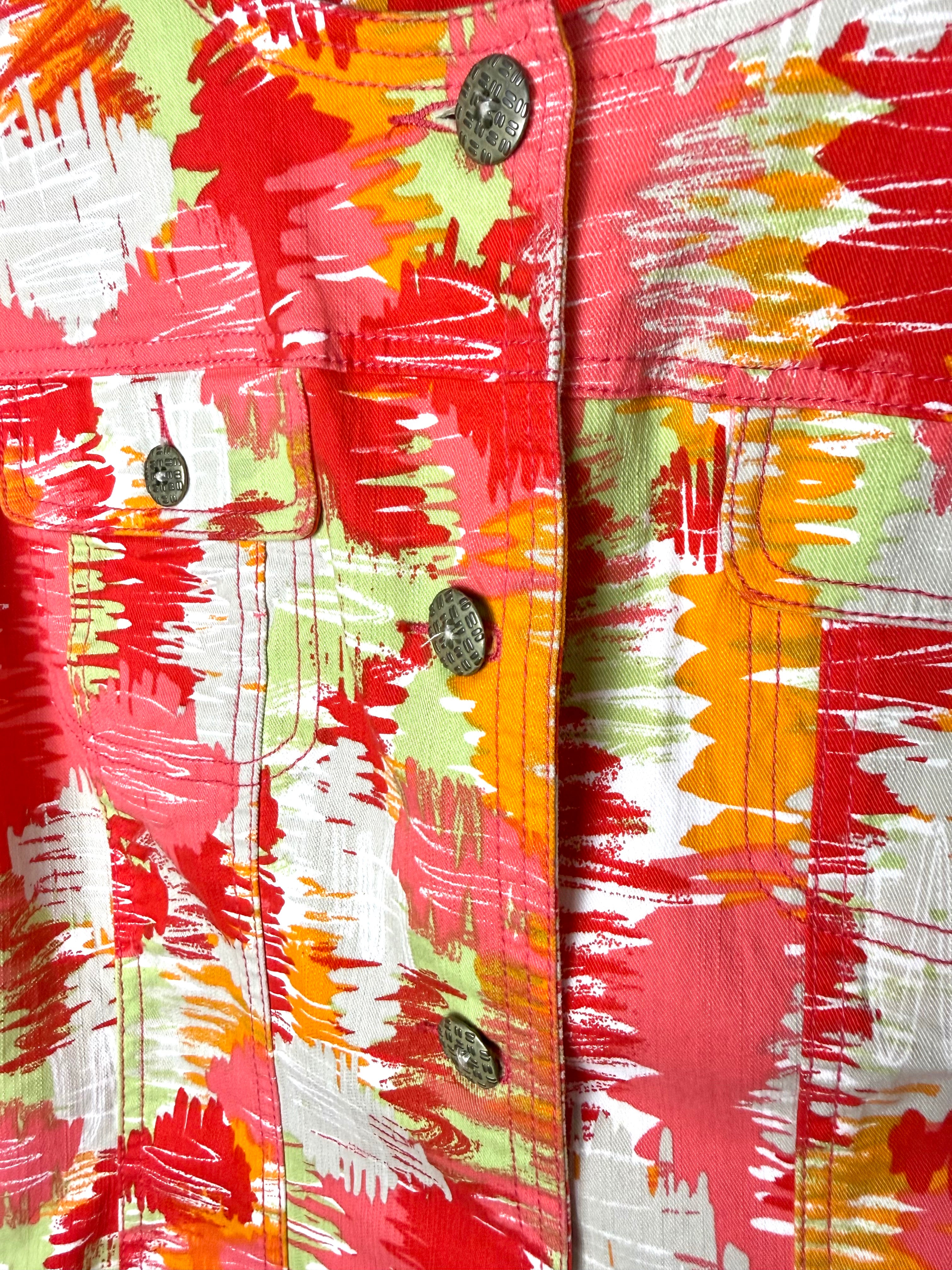 Ruby Red Multi Coloured denim style jacket close up of button detail 