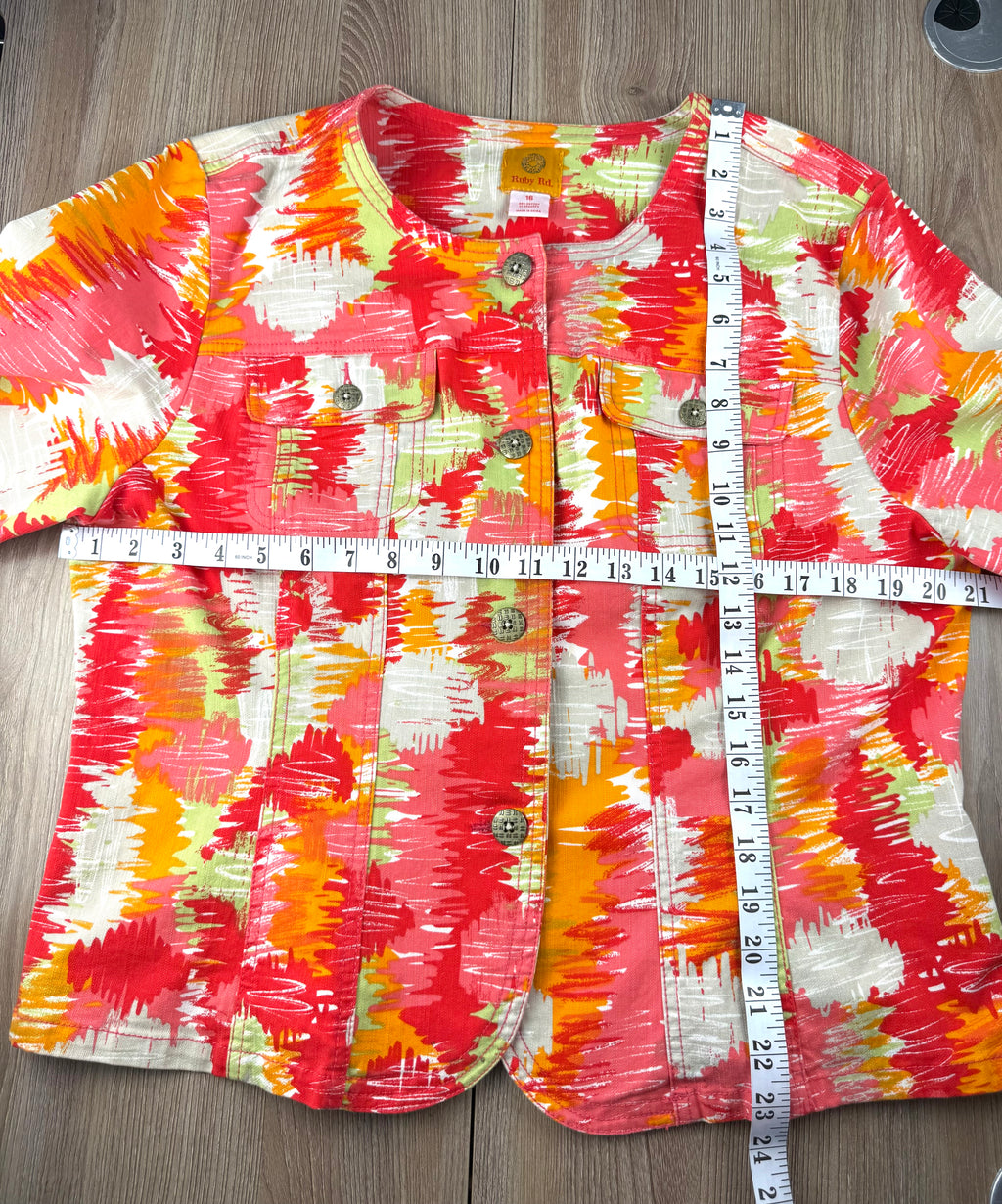 Ruby Red Multi Coloured denim style jacket measuring approx 42" bust and 23" shoulder to hem 
