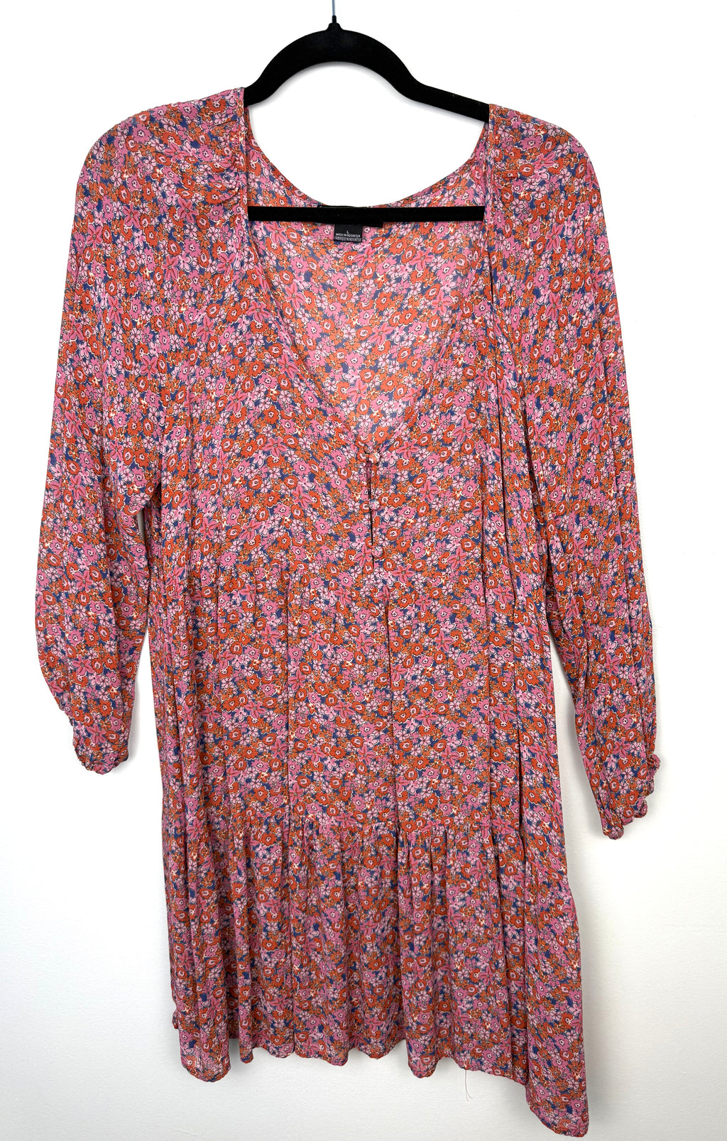 Sanctuary floral mini dress pink orange long sleeve boho women’s dress front view