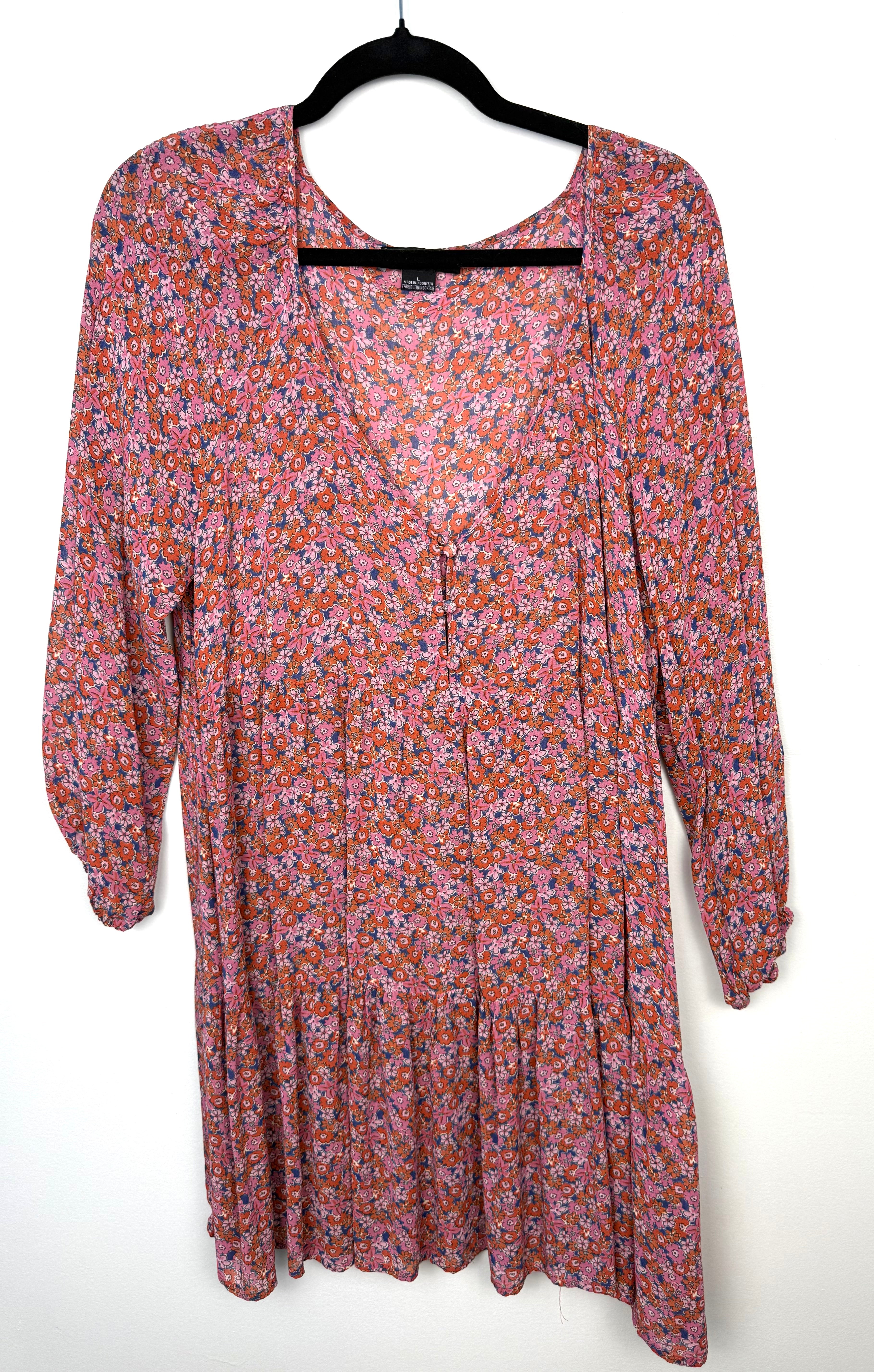 Sanctuary floral mini dress pink orange long sleeve boho women’s dress front view