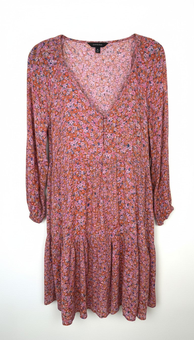 Sanctuary floral mini dress pink orange long sleeve boho women’s dress at Blue Sparrow shop main image
