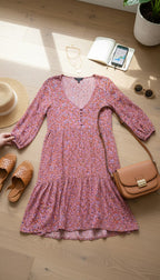 Sanctuary floral mini dress pink orange long sleeve boho women’s dress at Blue Sparrow shop lifestyle photo with purse, shoes, sunglasses 