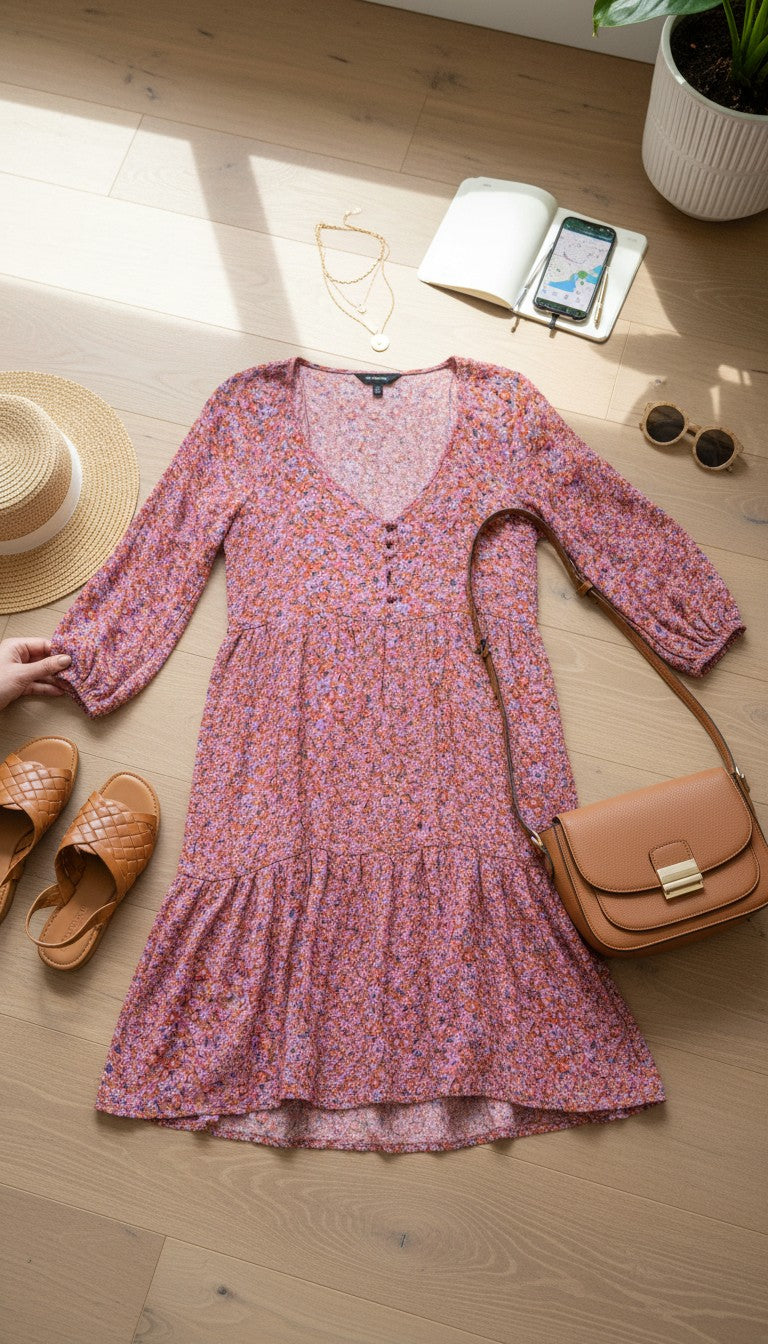 Sanctuary floral mini dress pink orange long sleeve boho women’s dress at Blue Sparrow shop lifestyle photo with purse, shoes, sunglasses 