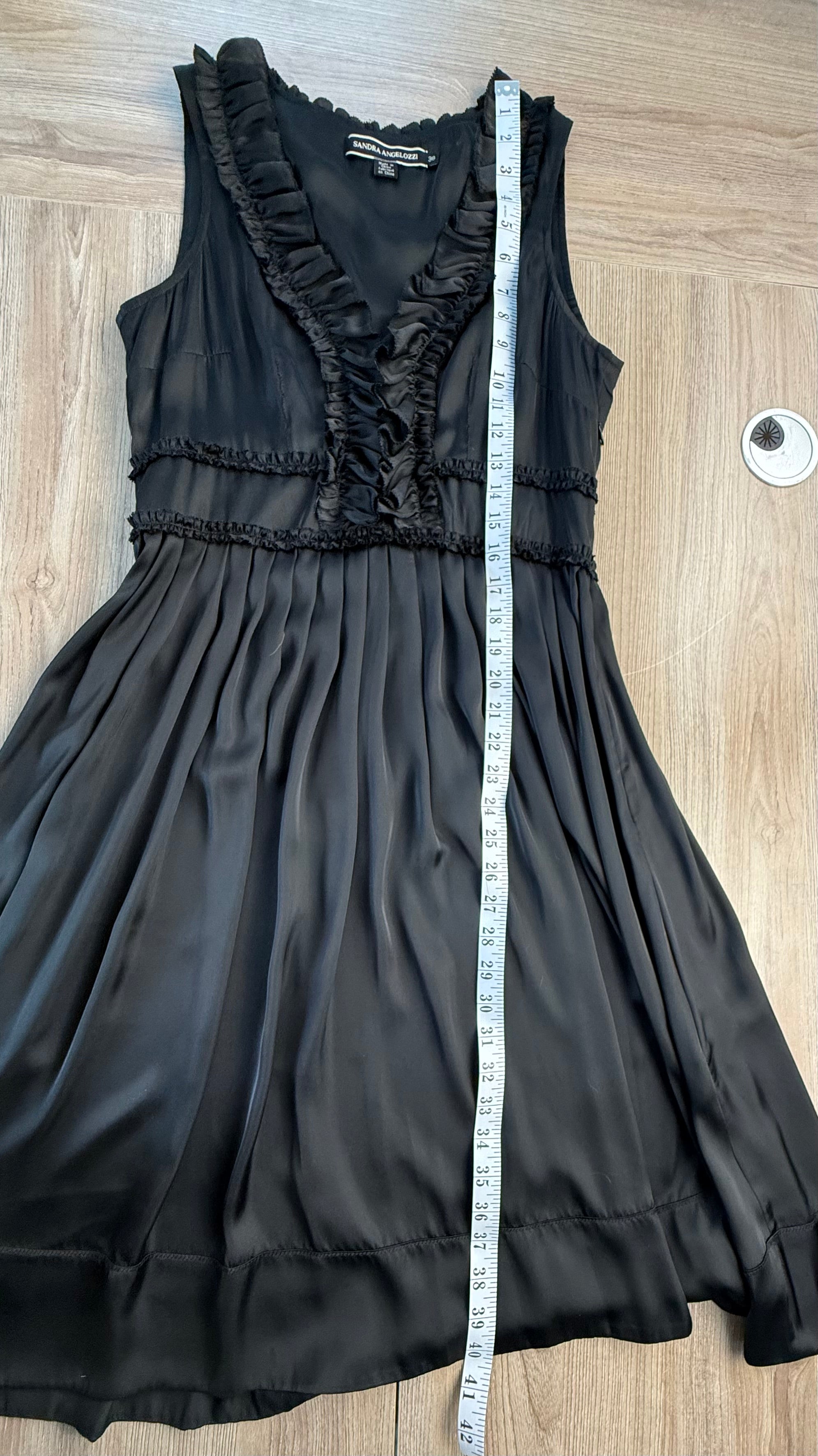 Sandra Angelozzi dress | Sandra Angelozzi little black dress showing shoulder to hem measurement of 40"
