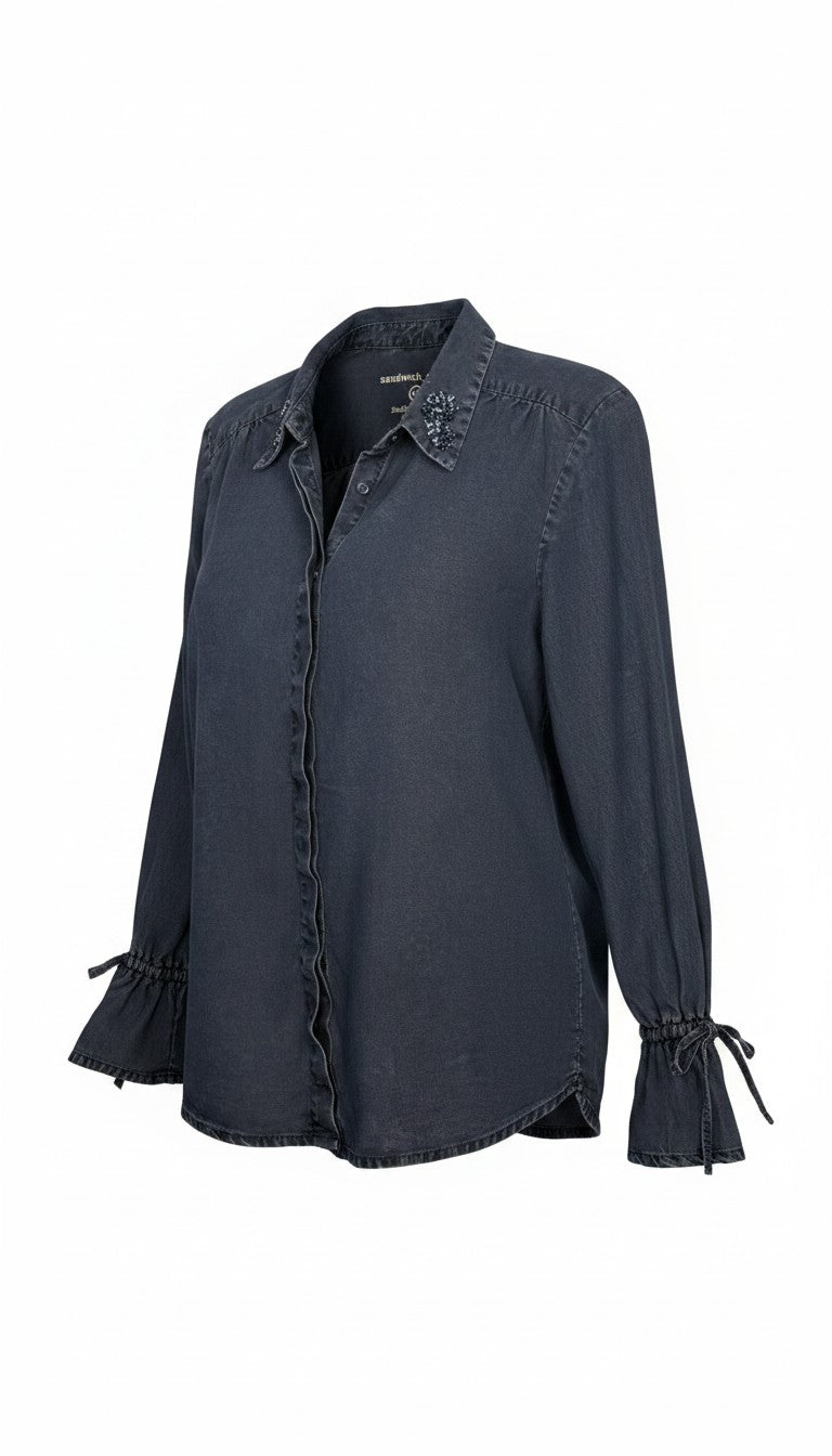 Sandwich Denim Studio Amsterdam charcoal 100% Tencel shirt with stunning hand-applied blue crystal collar embellishment and ruffle cuff detail at Blue Sparrow Shop