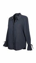 Sandwich Denim Studio Amsterdam charcoal 100% Tencel shirt with stunning hand-applied blue crystal collar embellishment and ruffle cuff detail at Blue Sparrow Shop