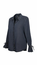 Sandwich Denim Studio Amsterdam charcoal 100% Tencel shirt with stunning hand-applied blue crystal collar embellishment and ruffle cuff detail at Blue Sparrow Shop