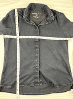 Sandwich Denim Studio Amsterdam charcoal 100% Tencel shirt with stunning hand-applied blue crystal collar embellishment and ruffle cuff detail at Blue Sparrow Shop measuring 42" bust and 25-27" shoulder to hem 