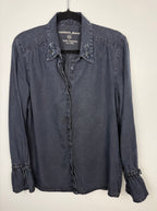 Sandwich Denim Studio Amsterdam charcoal 100% Tencel shirt with stunning hand-applied blue crystal collar embellishment and ruffle cuff detail at Blue Sparrow Shop on hanger