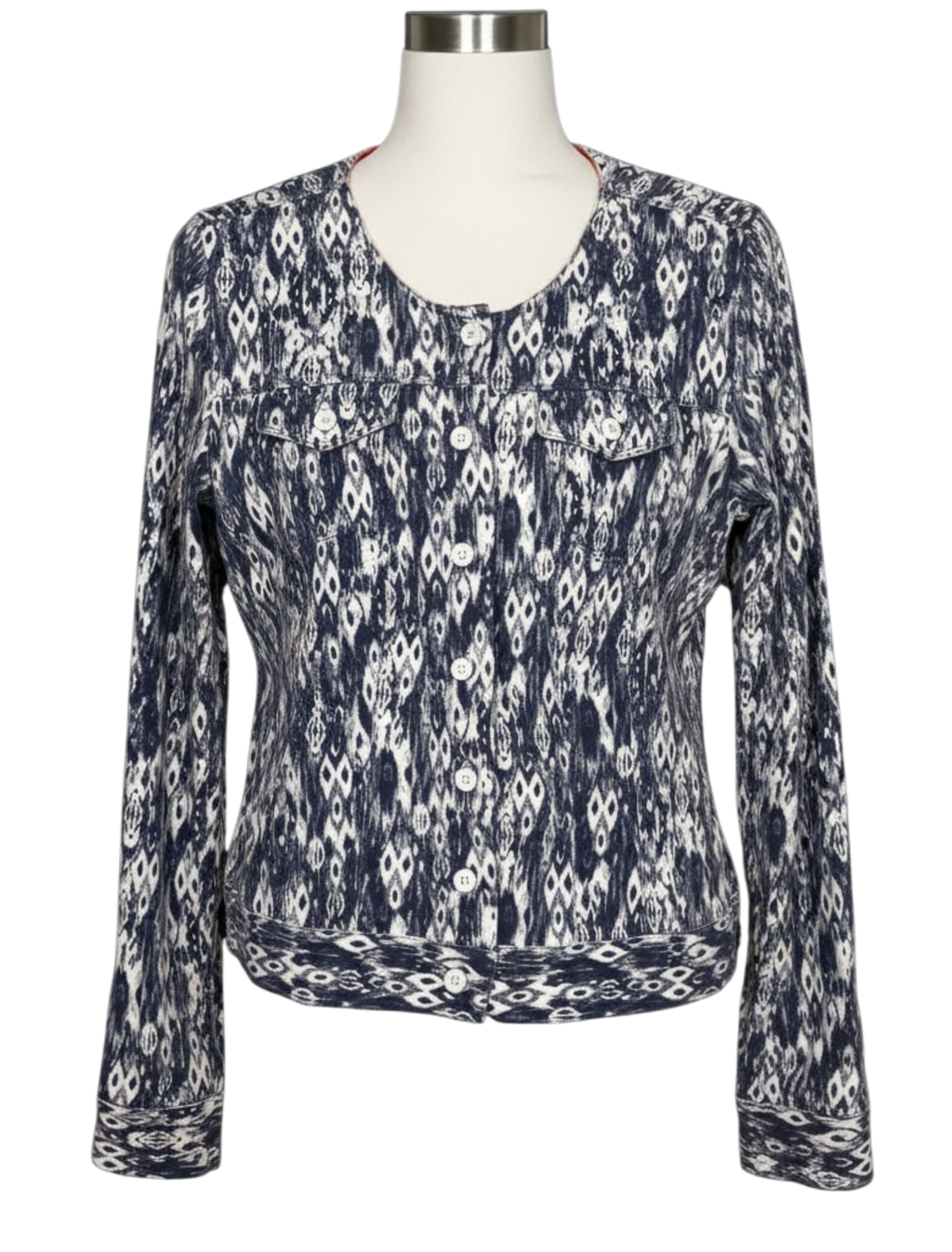 Sandwich Ikat Print Jacket Blue White Cotton Stretch Button Front Blazer Size L