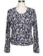 Sandwich Ikat Print Jacket Blue White Cotton Stretch Button Front Blazer Size L