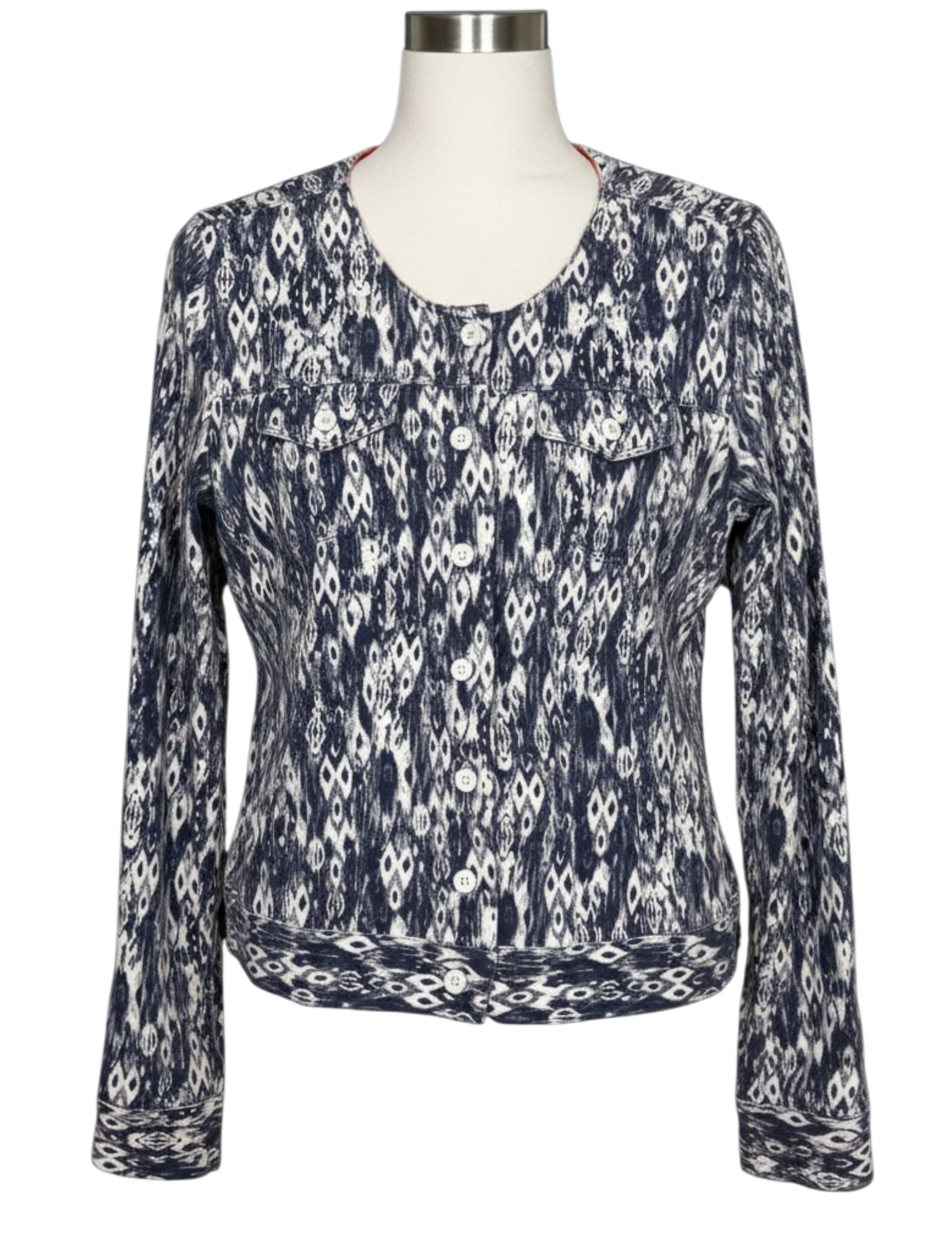 Sandwich Ikat Print Jacket Blue White Cotton Stretch Button Front Blazer Size L