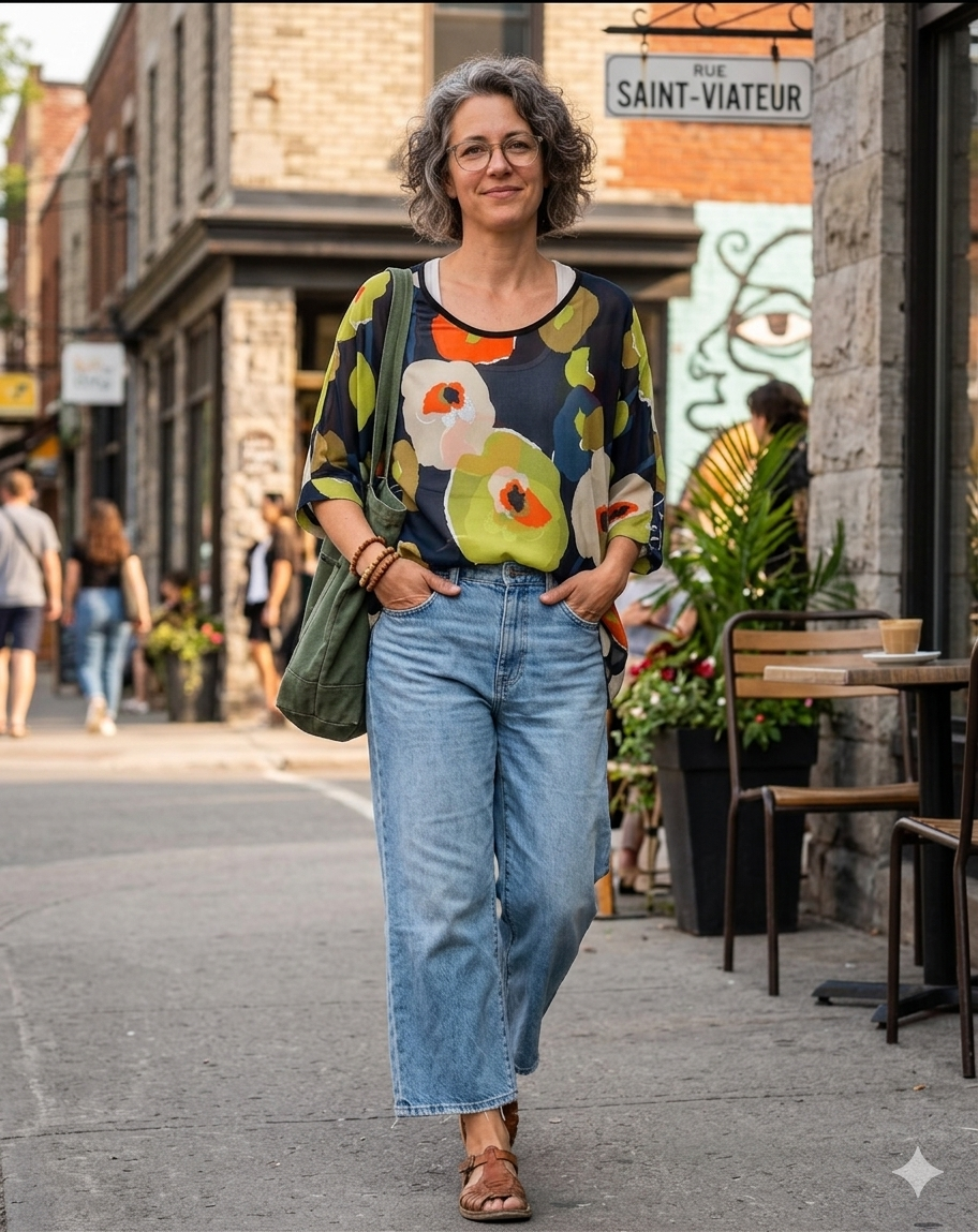 Sheer Abstract Floral Blouse | Oversized Plus at Blue Sparrow Shop on woman outside