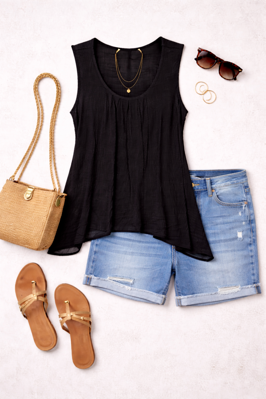 Sheer Black Gauze Sleeveless Tunic | Size L at Blue Sparrow Shop on flatlay with shorts, sandals, bag
