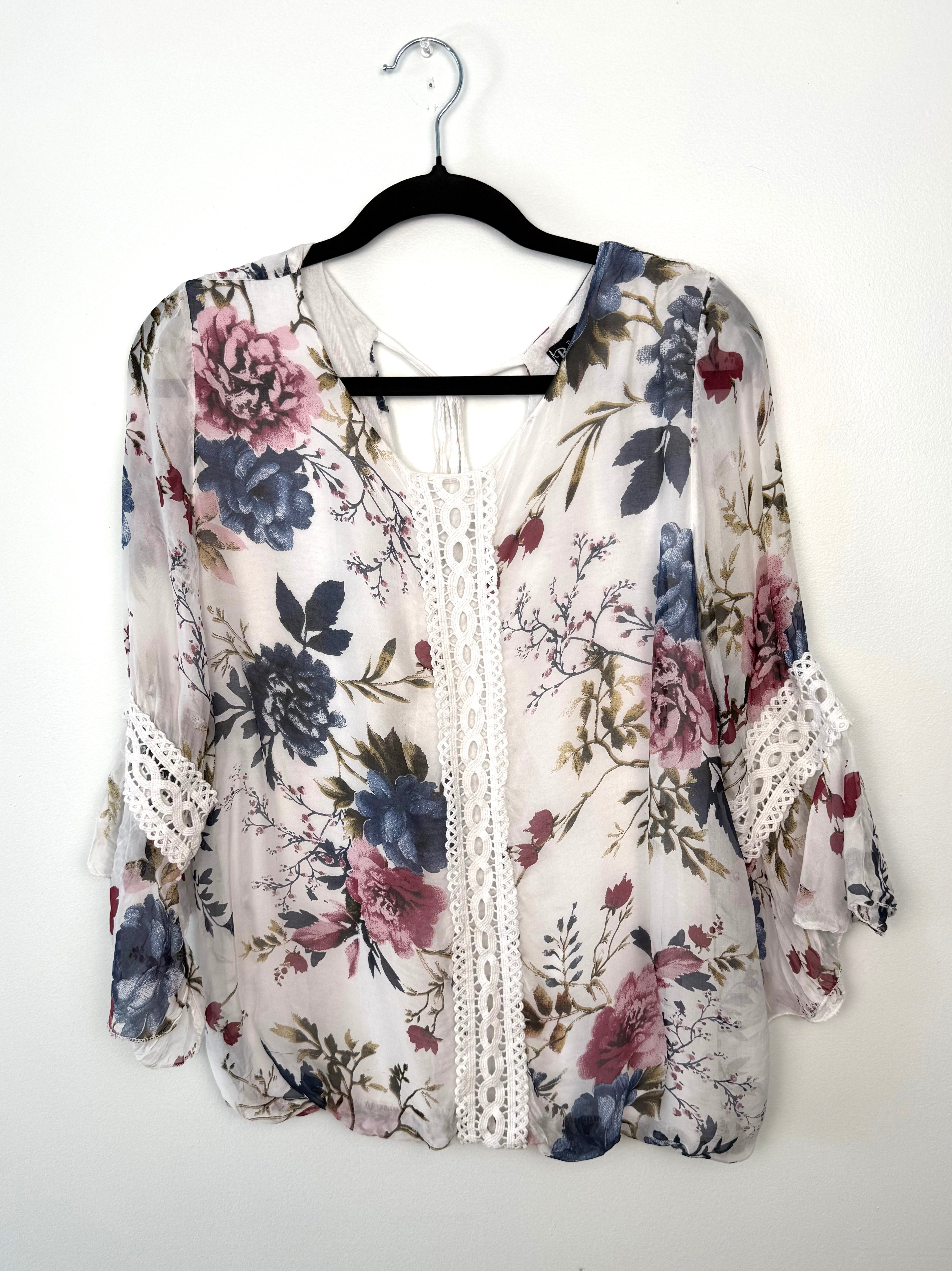 Sheer floral blouse with lace trim detail, boho romantic top in ivory with rose and navy floral print, 3/4 sleeve flowy women’s blouse front view