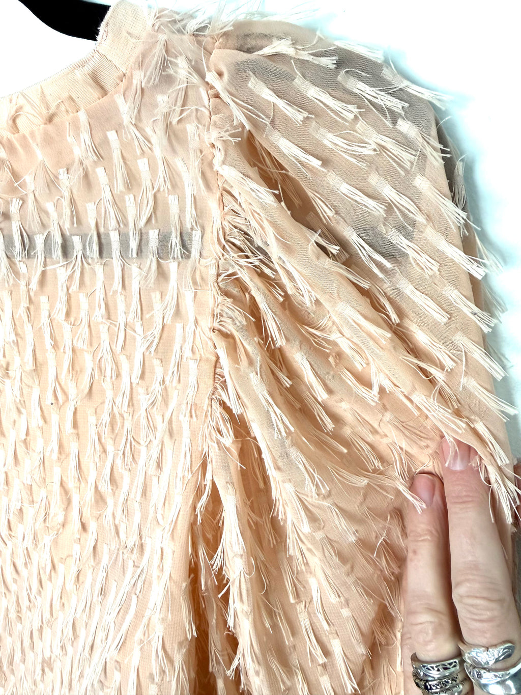 Shoulder detail on romantic feathery Zara blush coloured blouse