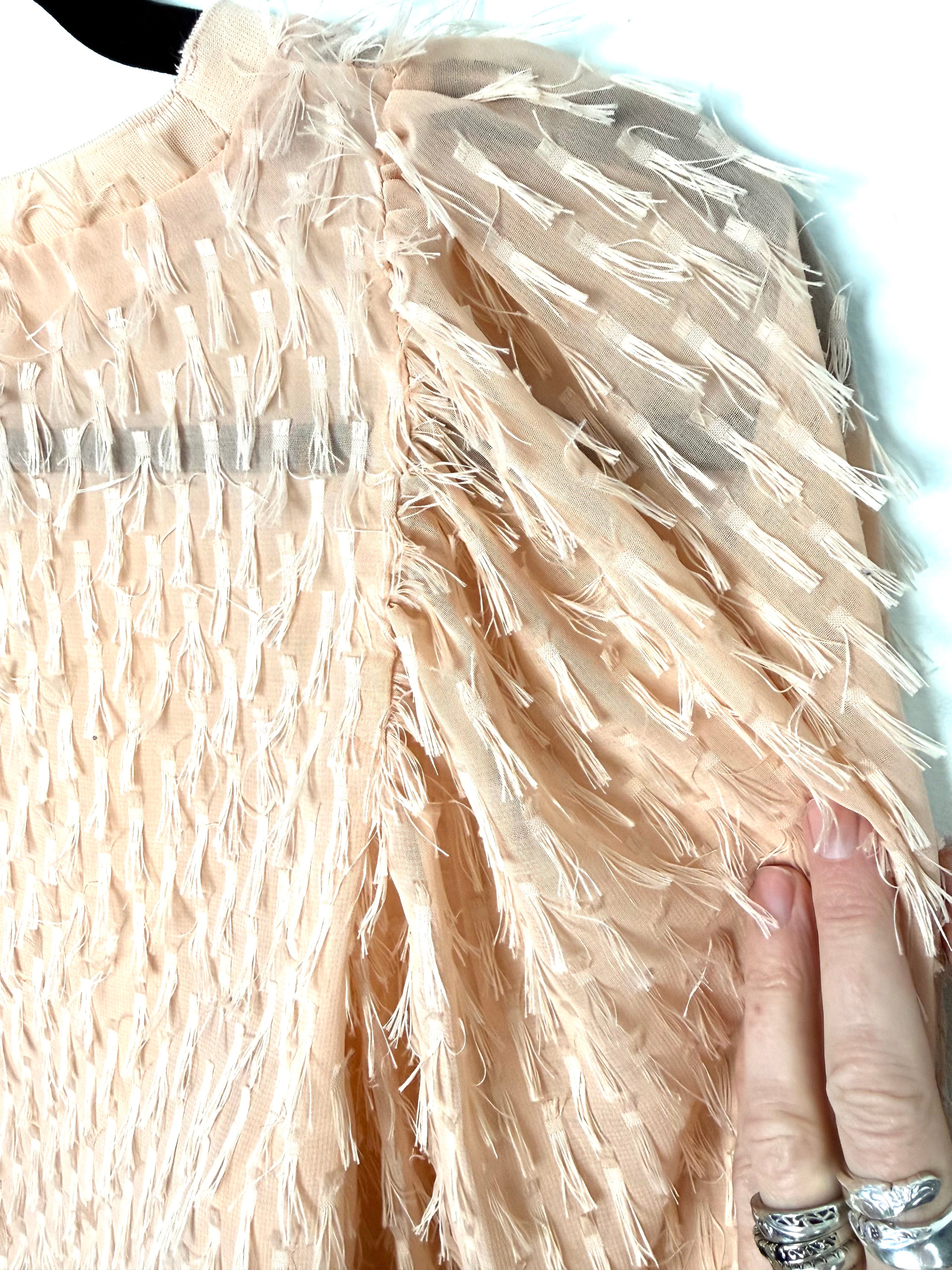 Shoulder detail on romantic feathery Zara blush coloured blouse