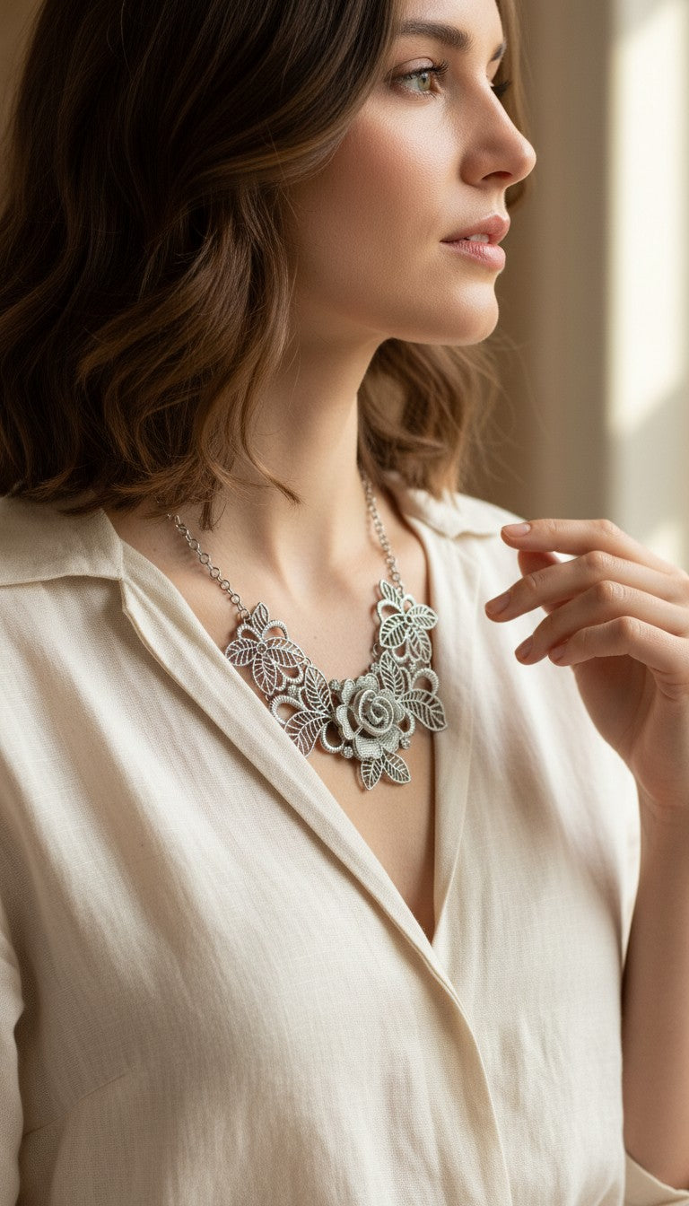 Silver-tone filigree rose bib necklace at Blue Sparrow Shop on woman looking out window 
