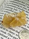 small yellow fluorite cluster on book 
