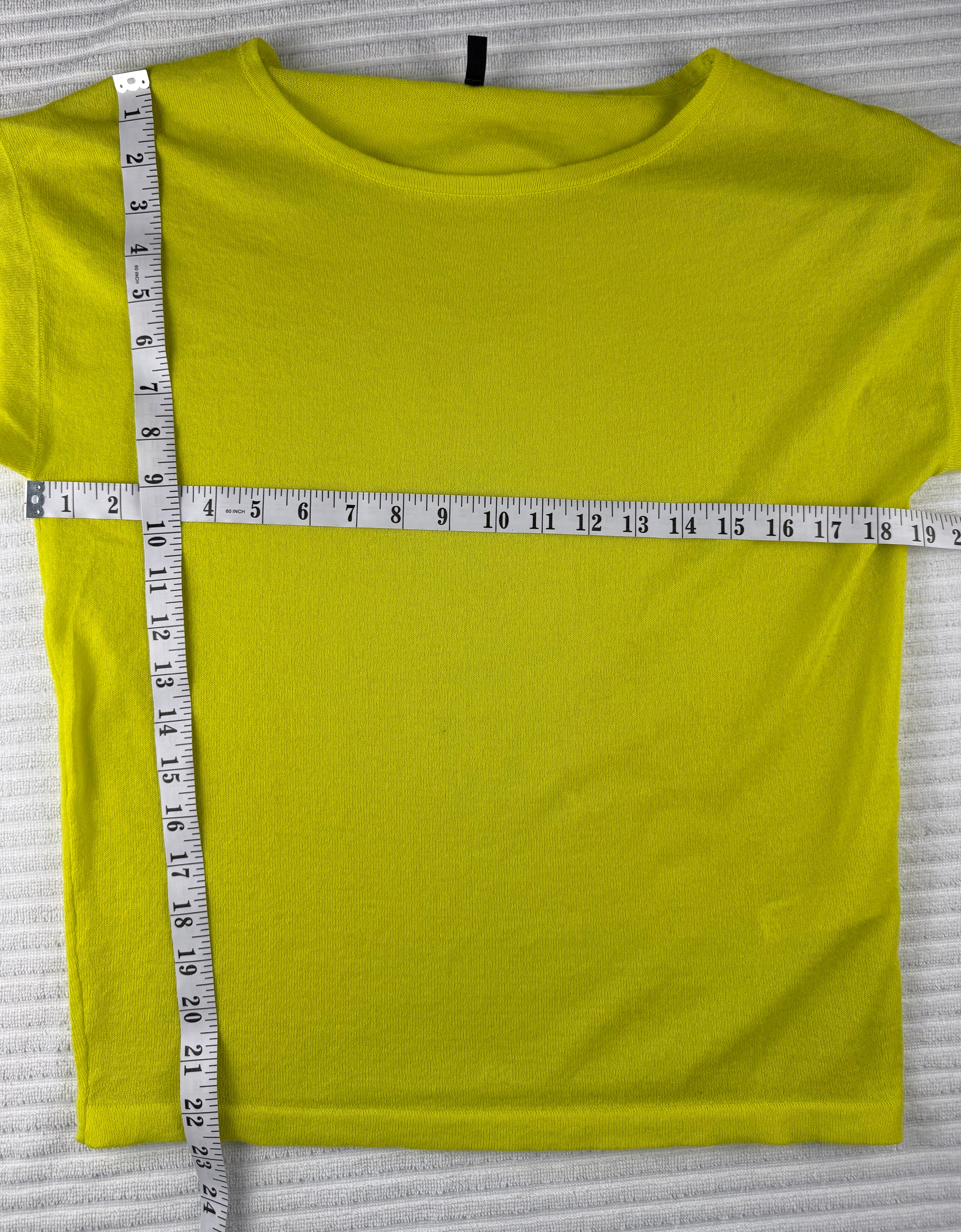 Stile Benetton — Bright Yellow Cap Sleeve Knit Top, Size M at Blue Sparrow Shop measuring 38" bust and 22" shoulder to hem 