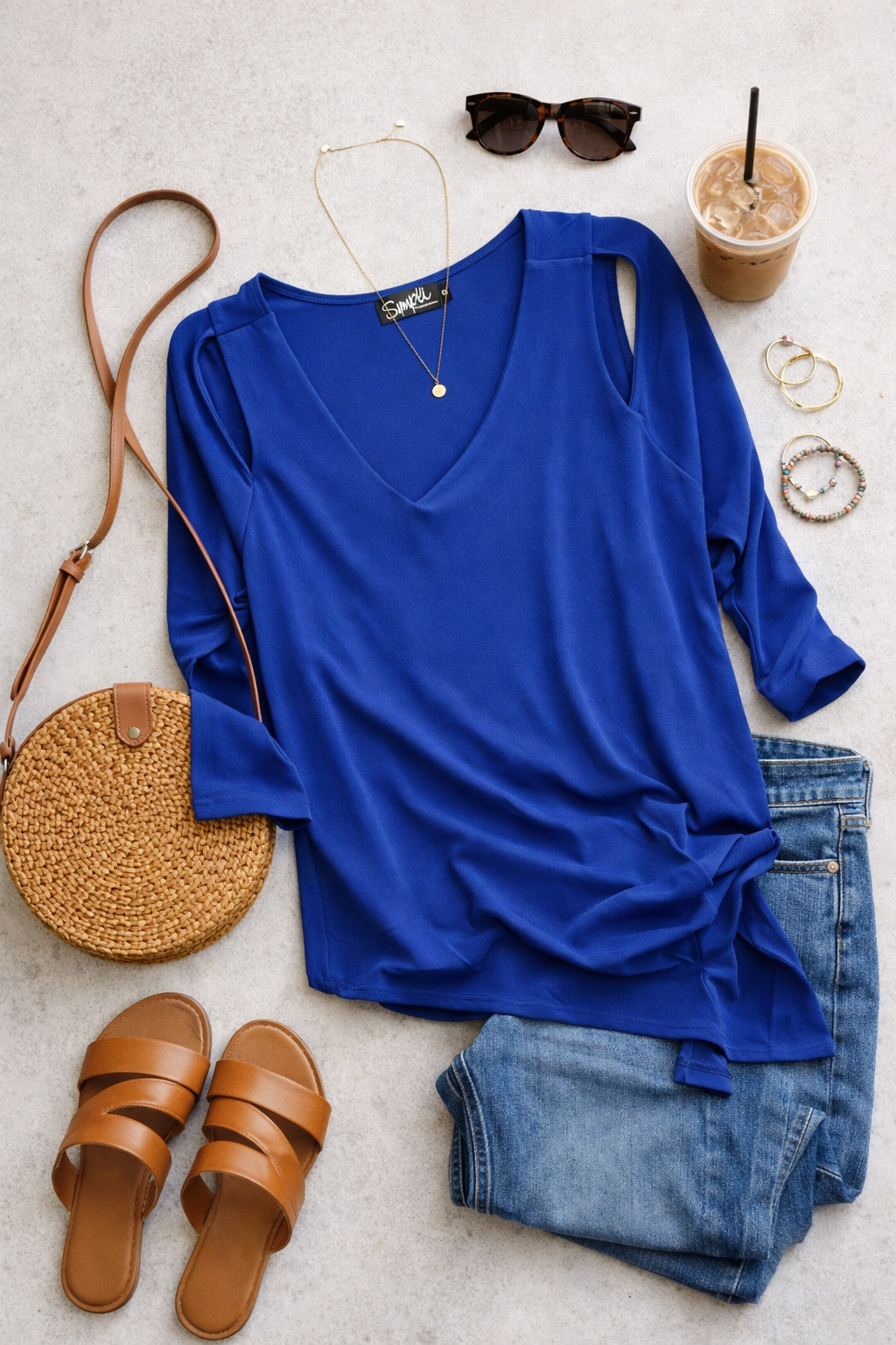 Sympli Asymmetrical Cold-Shoulder V-Neck Top | Size 12 at Blue Sparrow Shop  lifestyle flatlay with jeans, purse, sandals