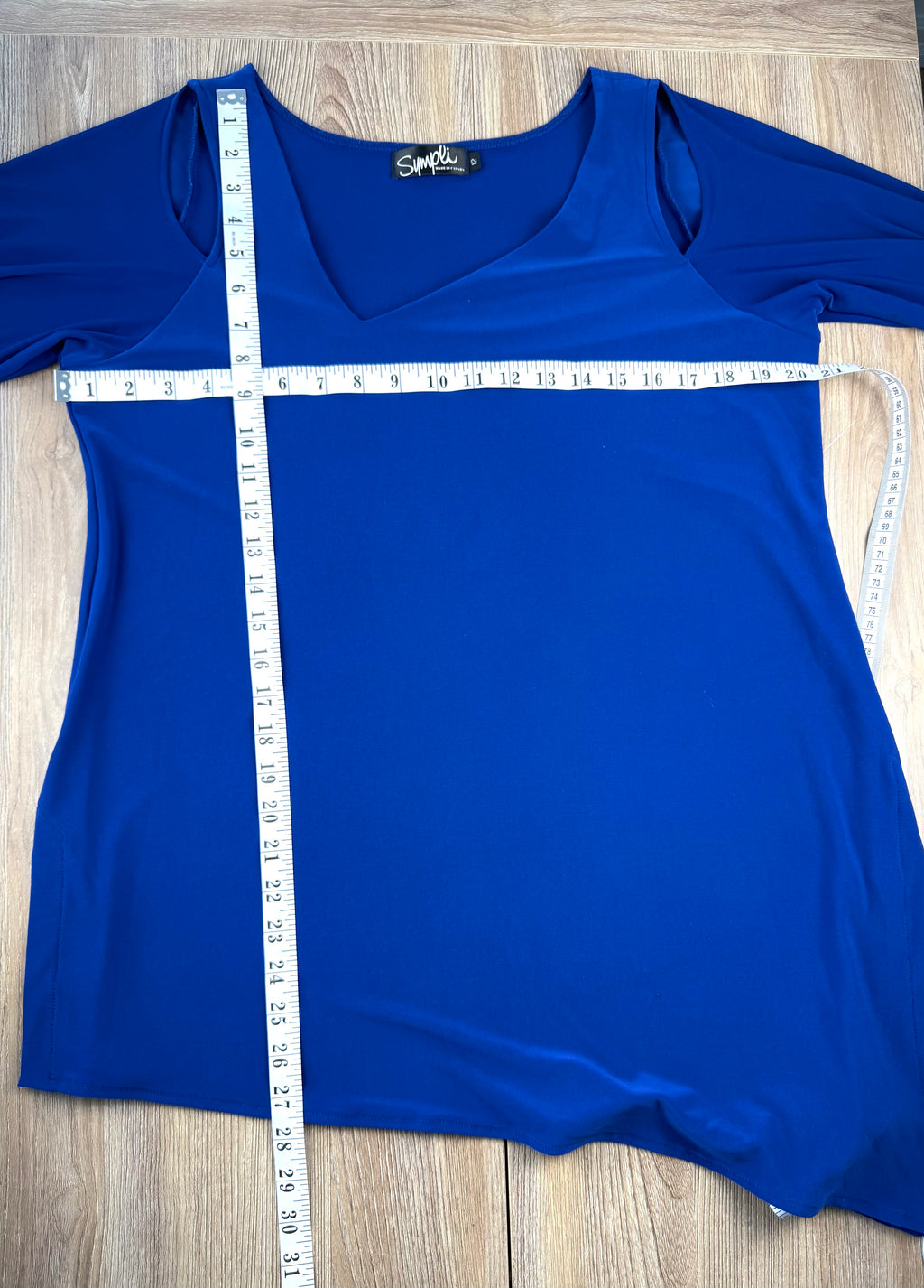 Sympli Asymmetrical Cold-Shoulder V-Neck Top measuring 40" bust and 29-30" shoulder to hem 
