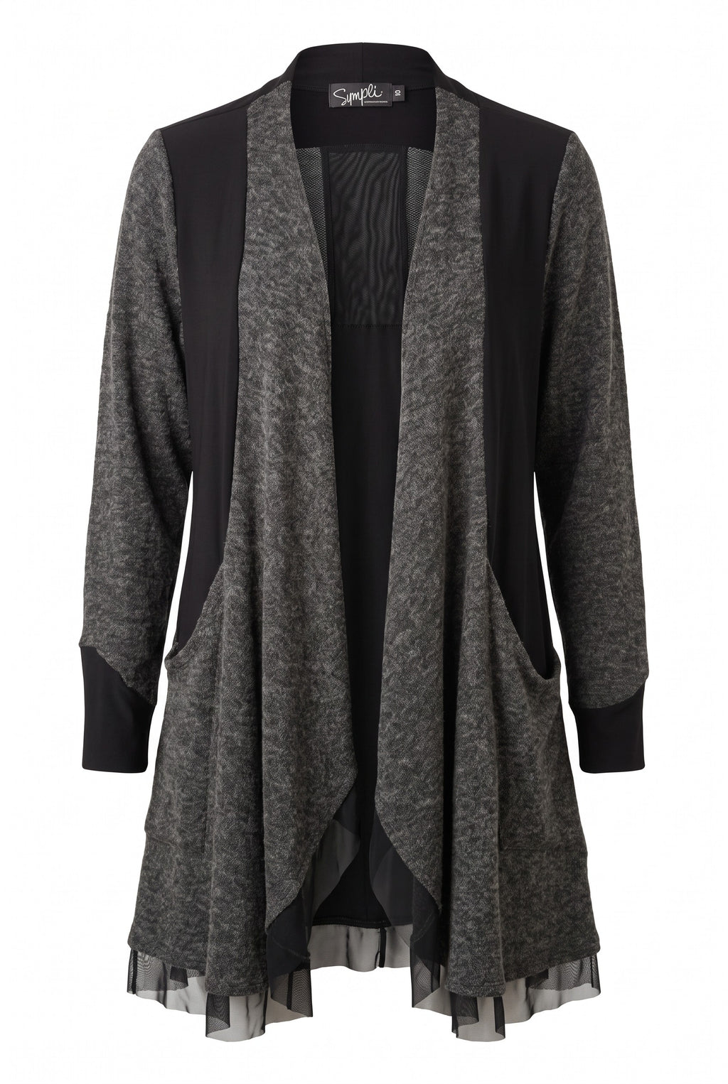 Sympli Made in Canada Black & Grey Mixed Media Long Cardigan | Size 10 on white background