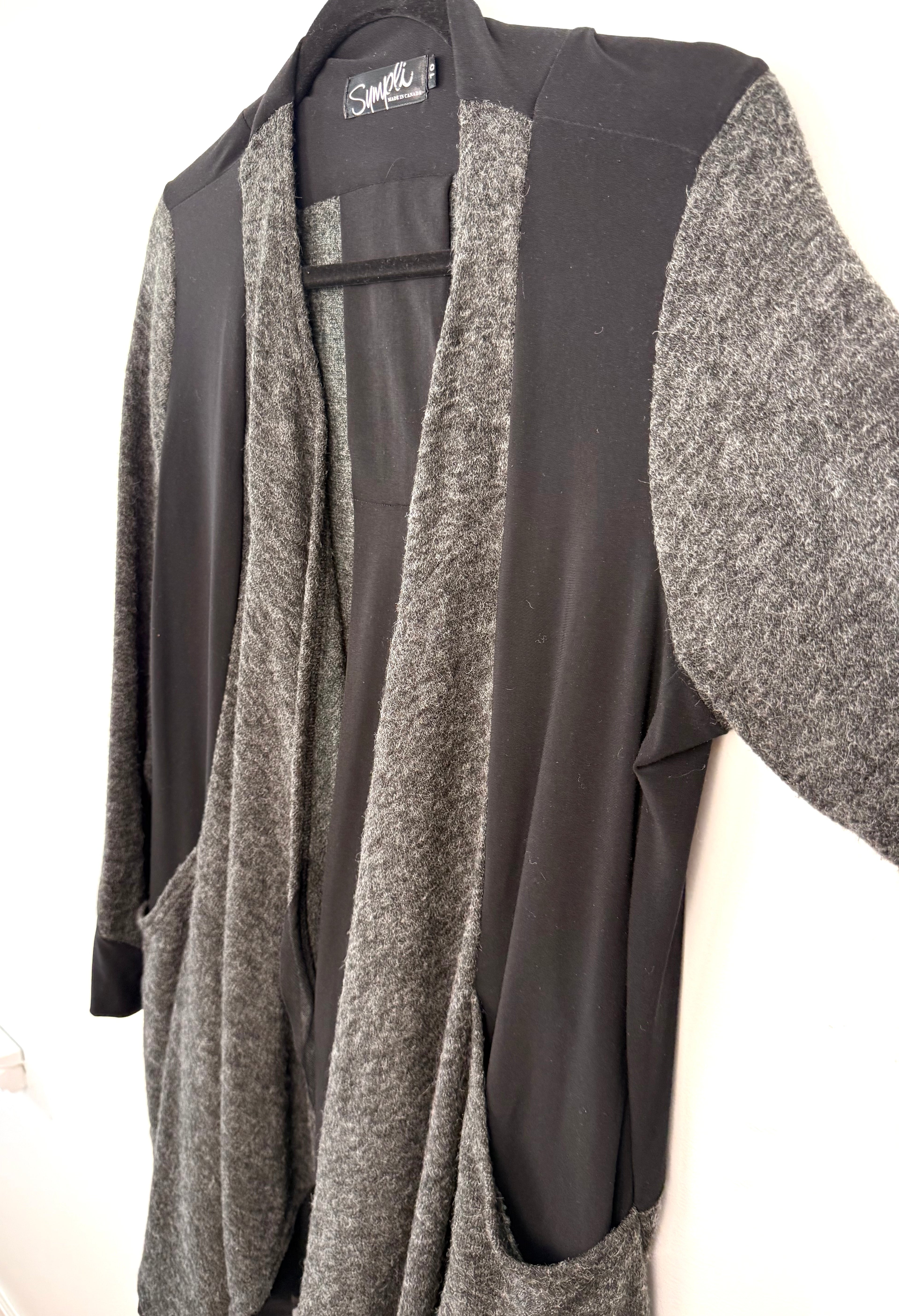 Sympli Made in Canada Black & Grey Mixed Media Long Cardigan | Size 10 showing sleeve