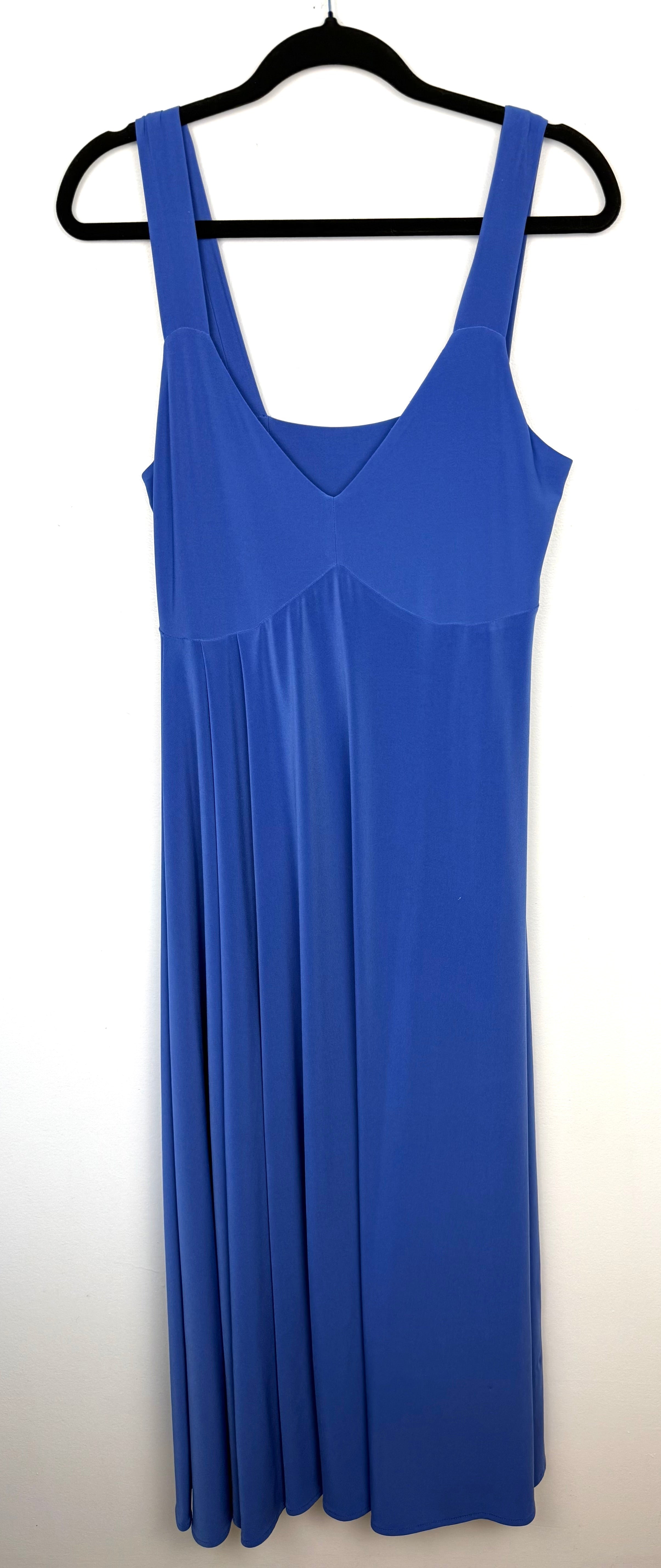 Sympli Made in Canada V-Neck Empire Waist Midi Dress | Periwinkle Blue | Travel Wear | Size 10 at Blue Sparrow Shop on hanger front view 