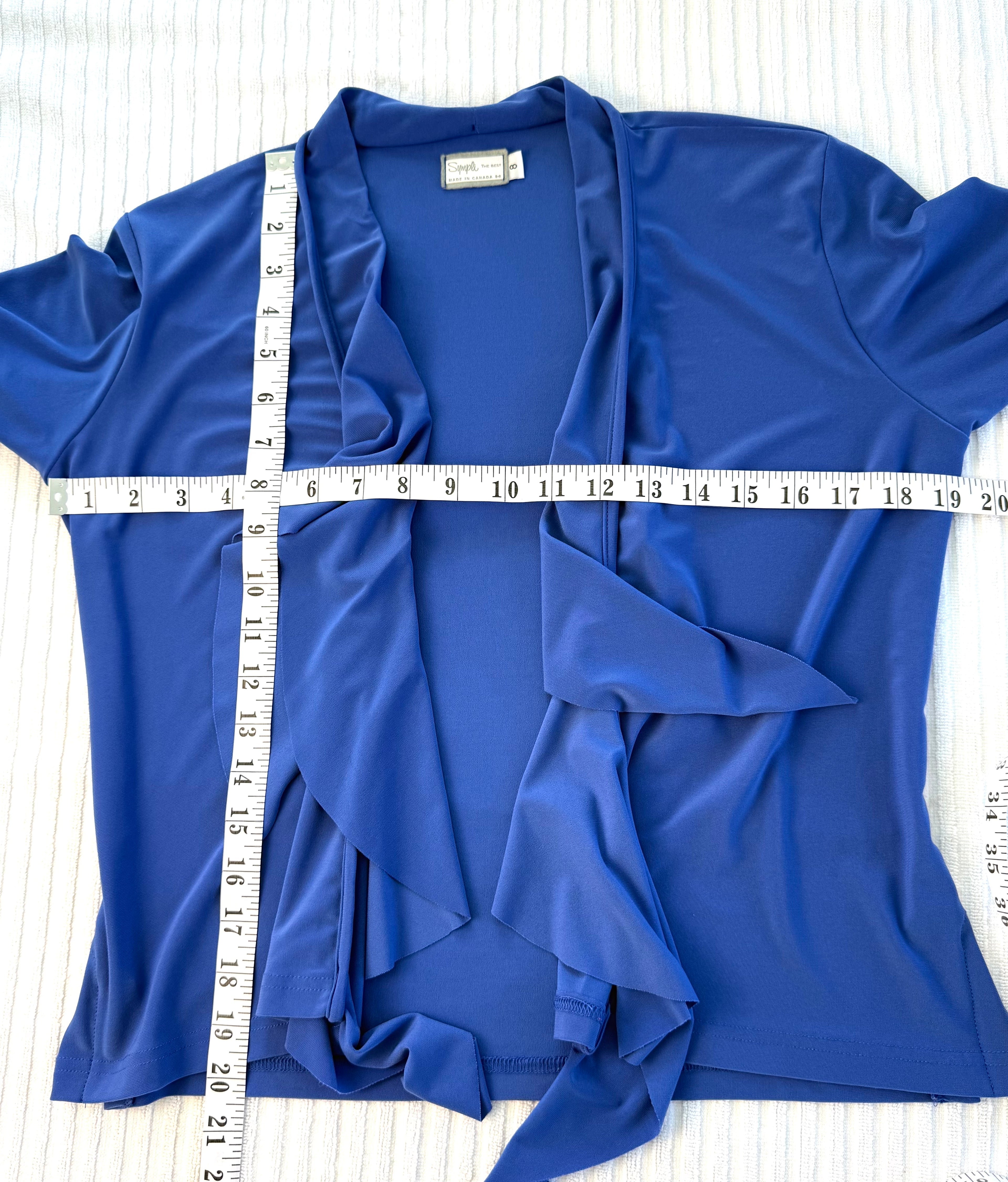 Sympli Made in Canada Waterfall Cardigan — Periwinkle Blue | Ruffle Front | Travel Wear | Size 8 at Blue Sparrow Shop measuring 38" bust when allowed to flow and 20" shoulder to hem 
