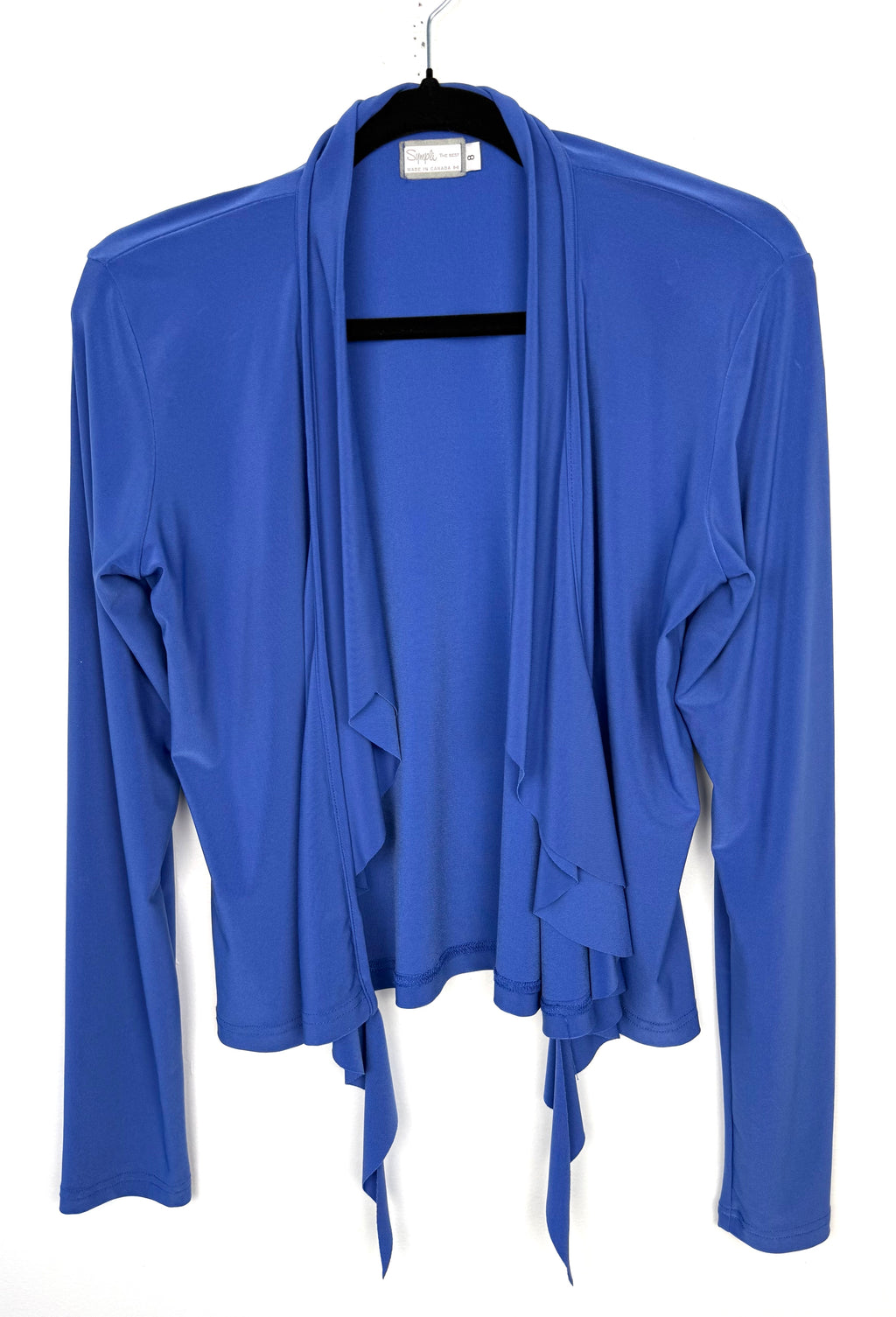 Sympli Made in Canada Waterfall Cardigan — Periwinkle Blue | Ruffle Front | Travel Wear | Size 8 at Blue Sparrow Shop on hanger