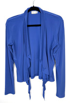 Sympli Made in Canada Waterfall Cardigan — Periwinkle Blue | Ruffle Front | Travel Wear | Size 8 at Blue Sparrow Shop on hanger