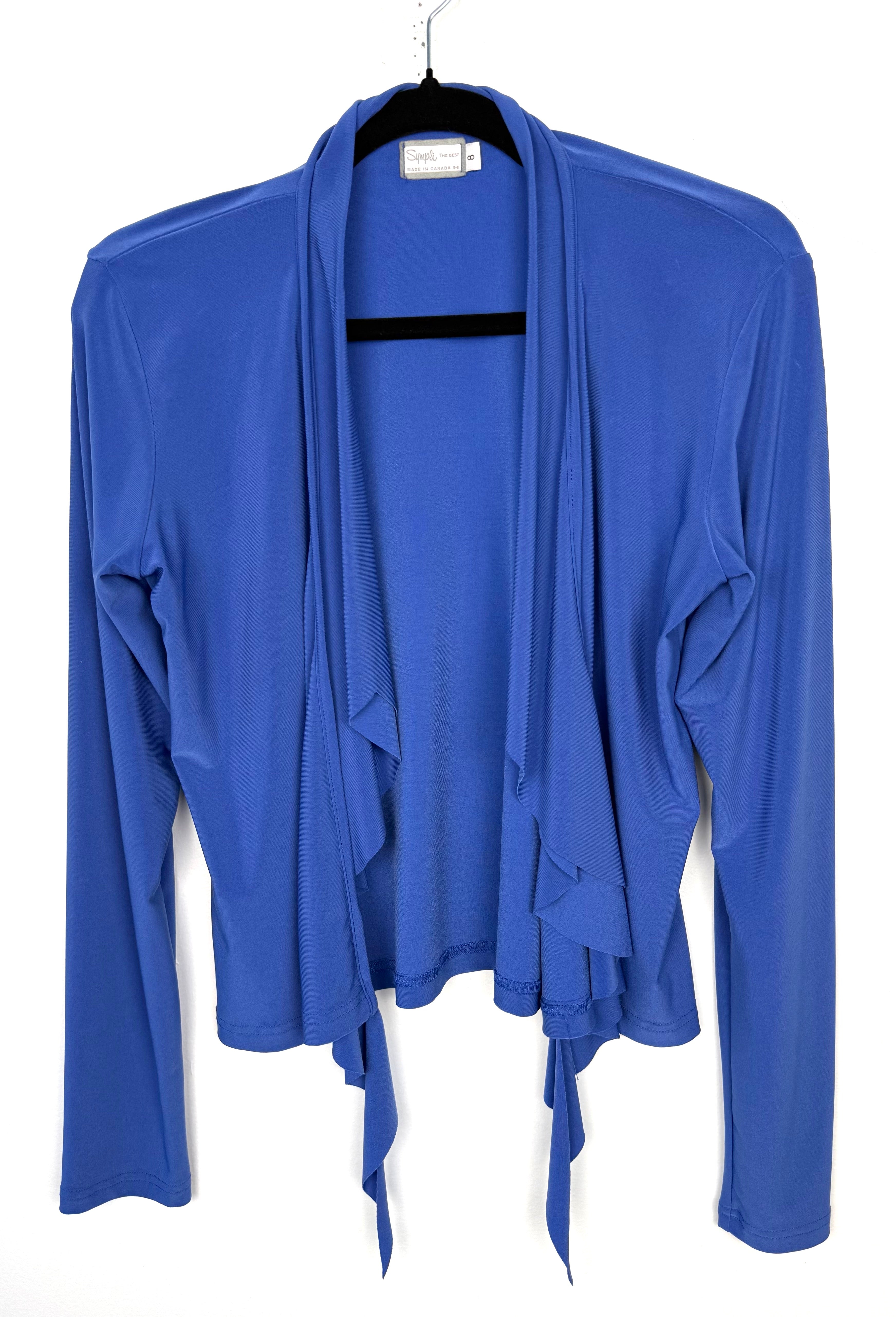 Sympli Made in Canada Waterfall Cardigan — Periwinkle Blue | Ruffle Front | Travel Wear | Size 8 at Blue Sparrow Shop on hanger