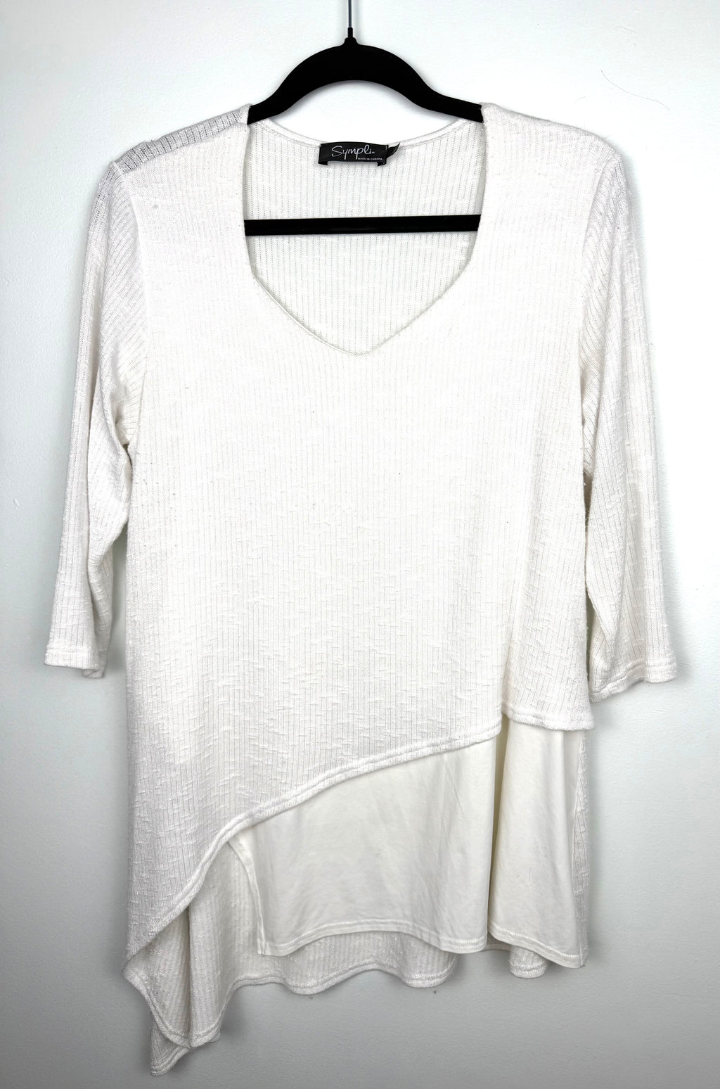 Sympli Made in Canada White Asymmetrical Tunic Top | Rib Knit Stretch Travel Top on hanger