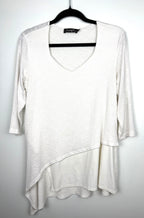 Sympli Made in Canada White Asymmetrical Tunic Top | Rib Knit Stretch Travel Top on hanger