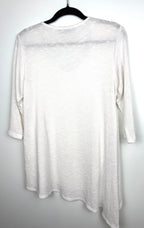back of Sympli Made in Canada White Asymmetrical Tunic Top | Rib Knit Stretch Travel Top on hanger
