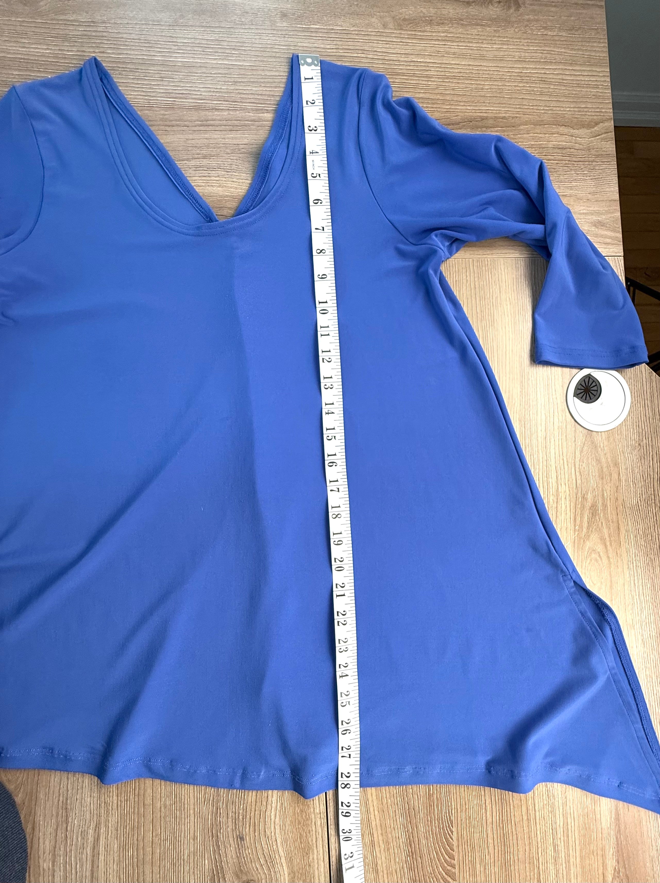 Sympli Made in Canada periwinkle top measuring 28" from shoulder to hem at shortest point