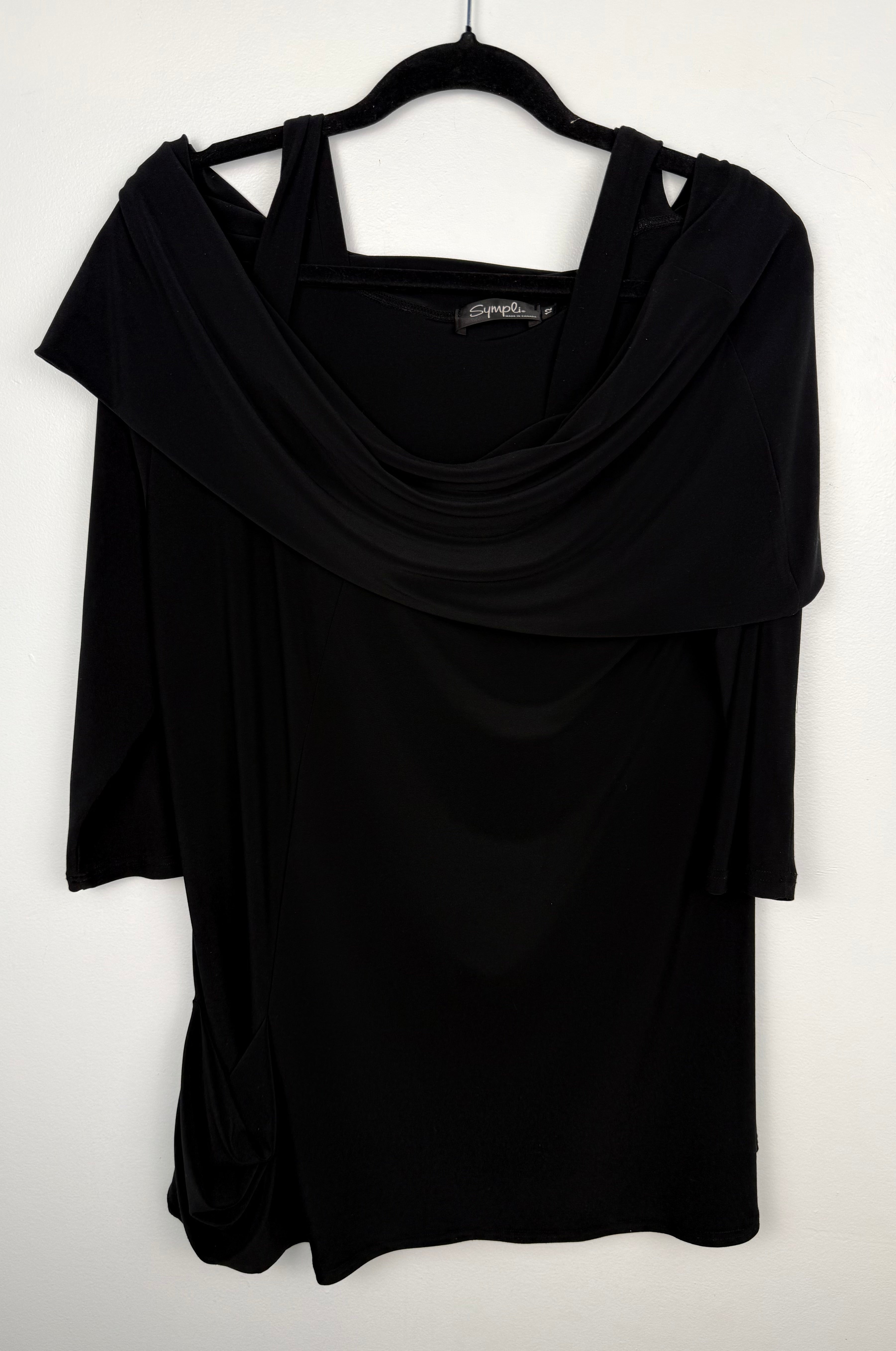 Sympli cold shoulder cowl neck top  on hanger showing front view
