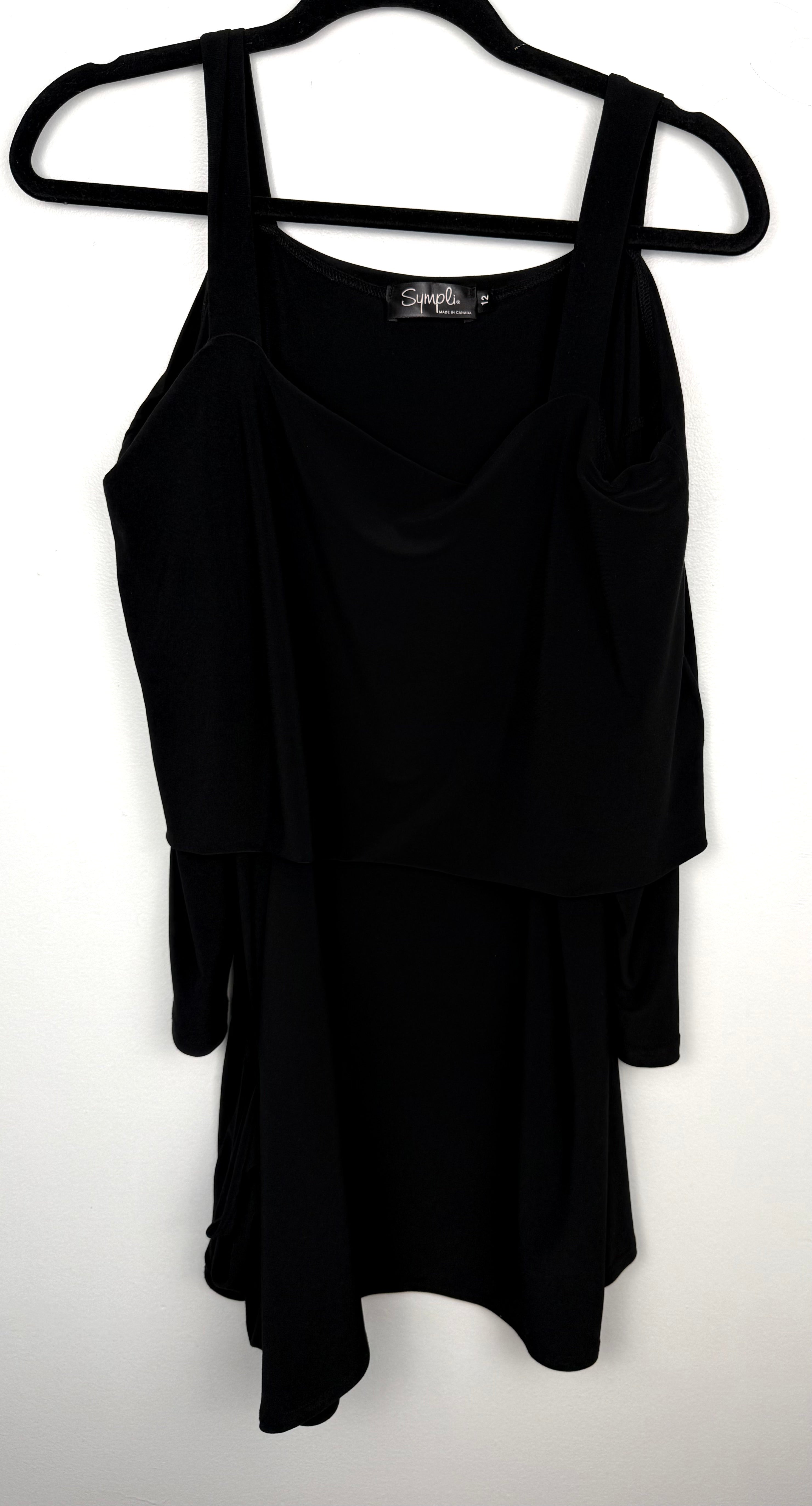 Sympli cold shoulder cowl neck top  on hanger showing sleeveless look