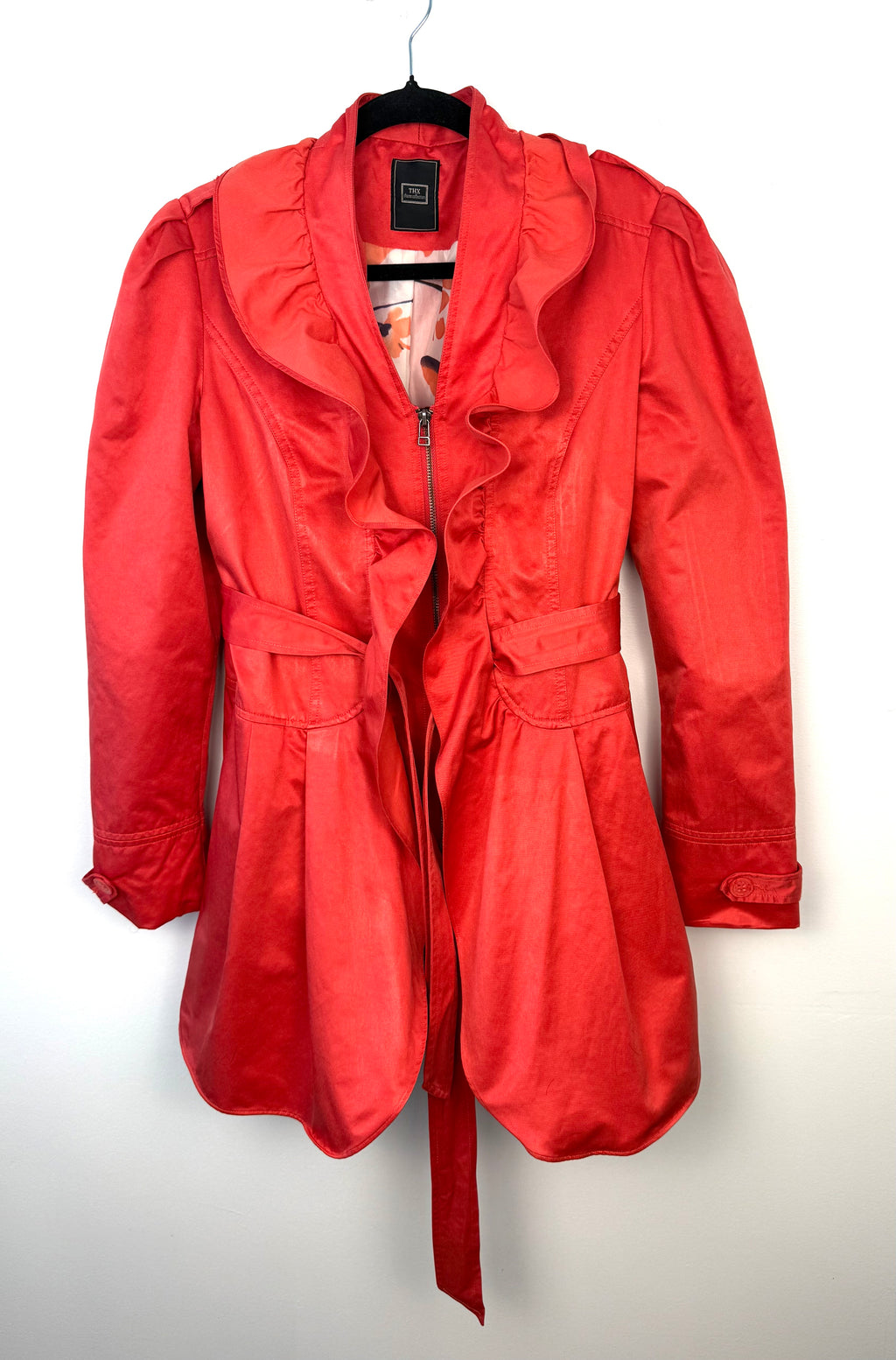 THX Merci Collection ruffle trench coat jacket on hanger