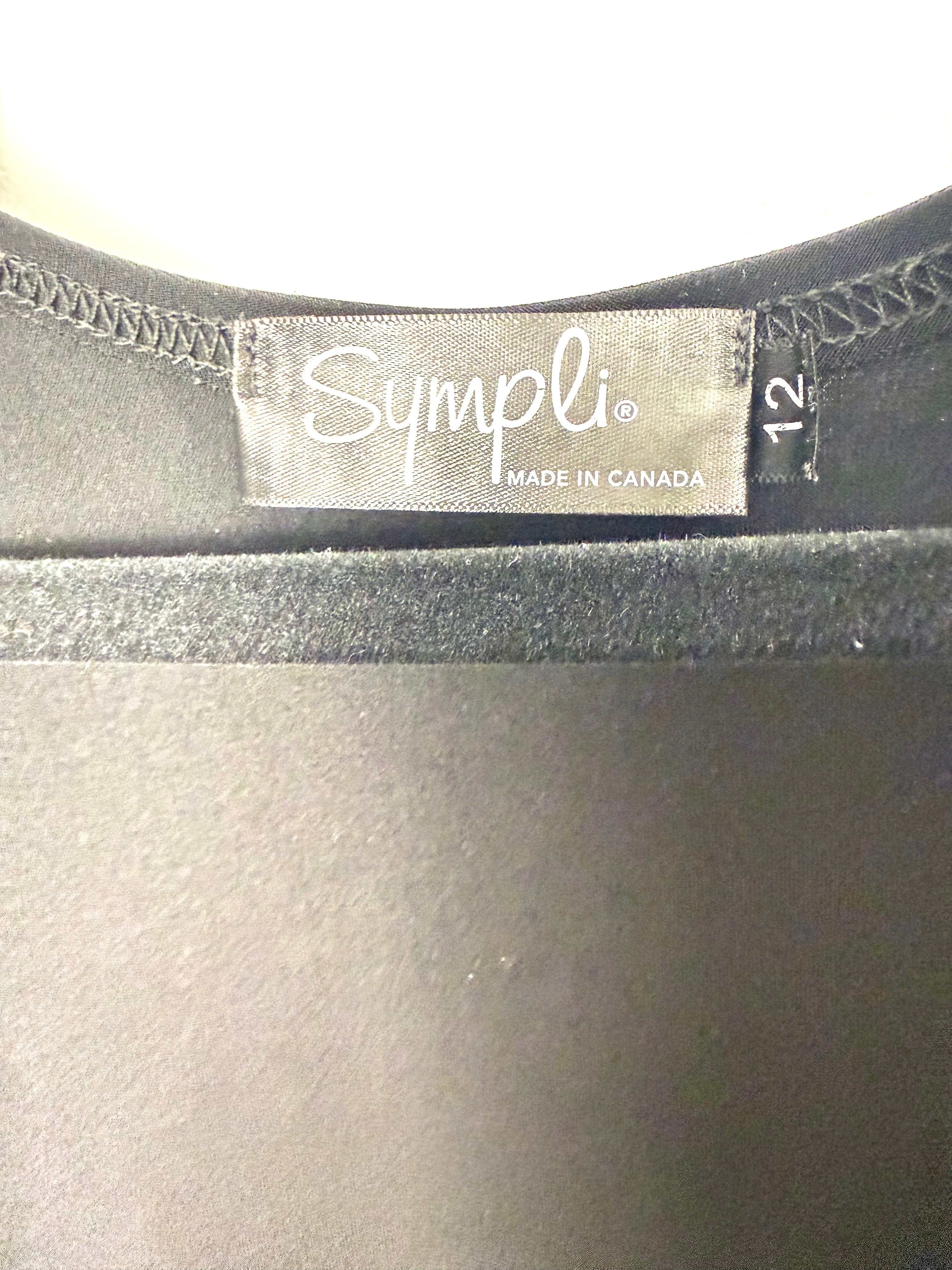 Tag on Back view Sympli black sleeveless tunic with inside pocket and stretch fabric