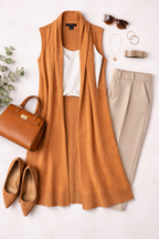 Tahari Merino Wool Blend Longline Duster | Cardigan | Size S at Blue Sparrow Shop on  lifestyle flatlay with pants, shoes, purse