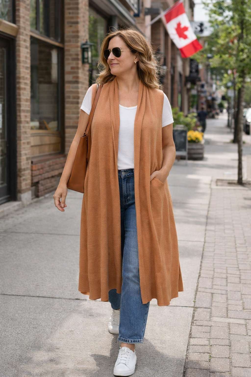 Tahari Merino Wool Blend Longline Duster | Cardigan | Size S at Blue Sparrow Shop on woman walking outside in Canada