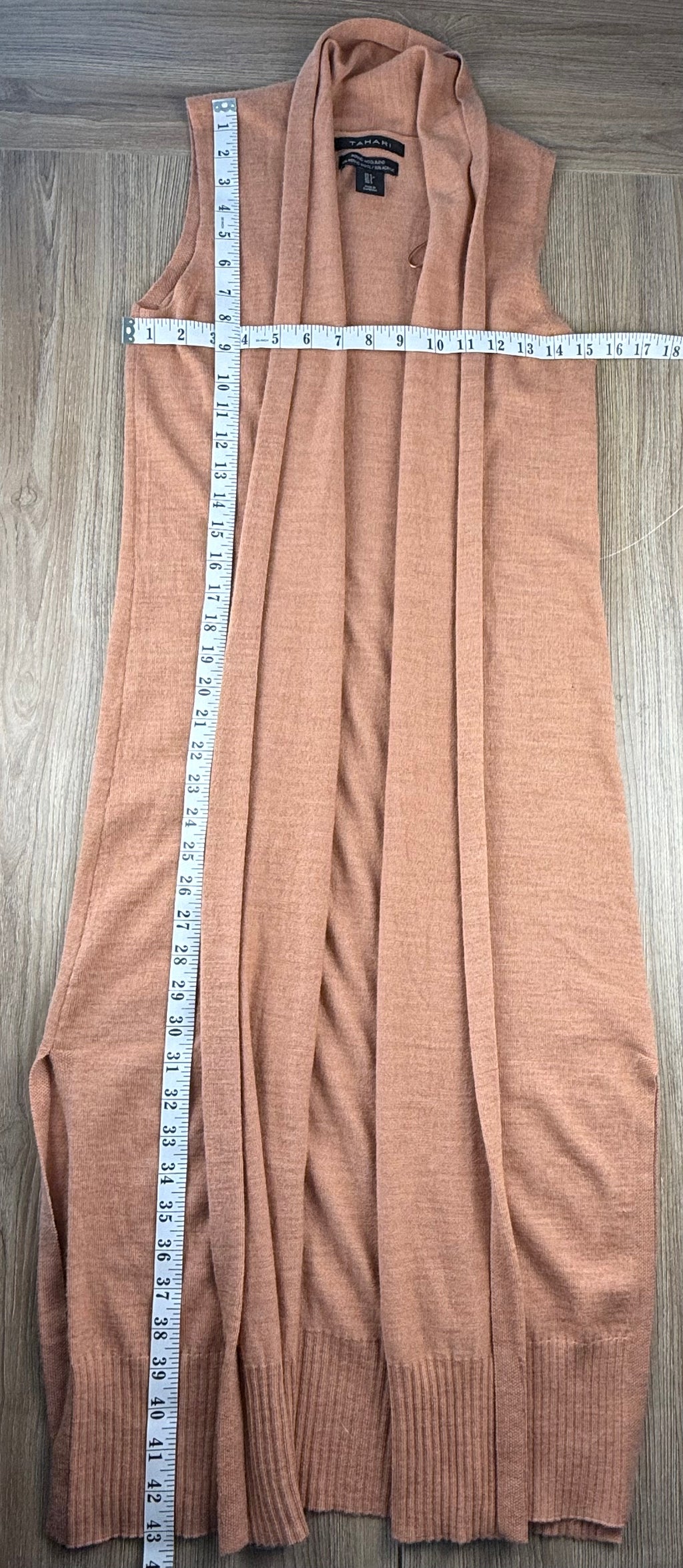 Tahari Merino Wool Blend Longline Duster | Cardigan at Blue Sparrow Shop measuring 30" bust and 43" shoulder to hem